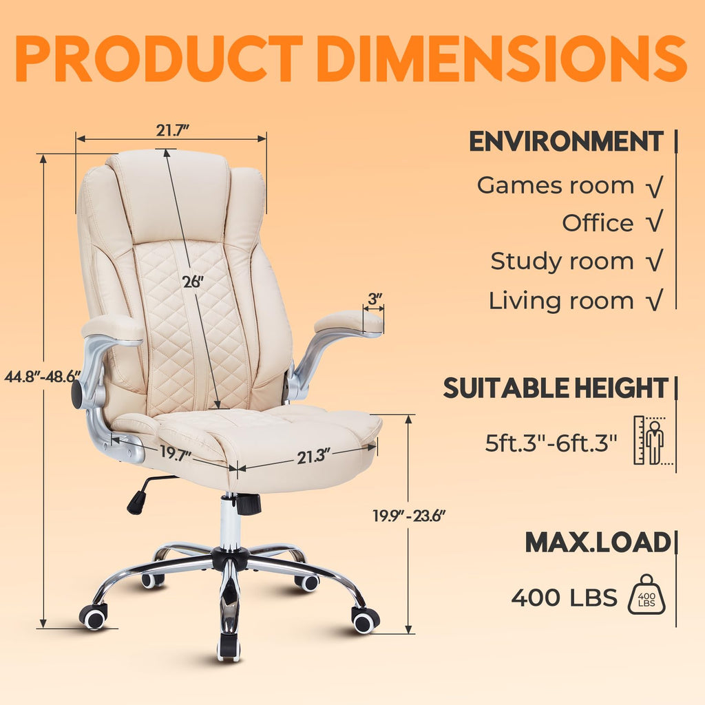 400lbs Executive Office Chair with Flip-Up Armrests, Big and Tall Computer Chair for Heavy People, Heavy Duty Ergonomic Comfy Chair, Breathable PU Leather (Pink)