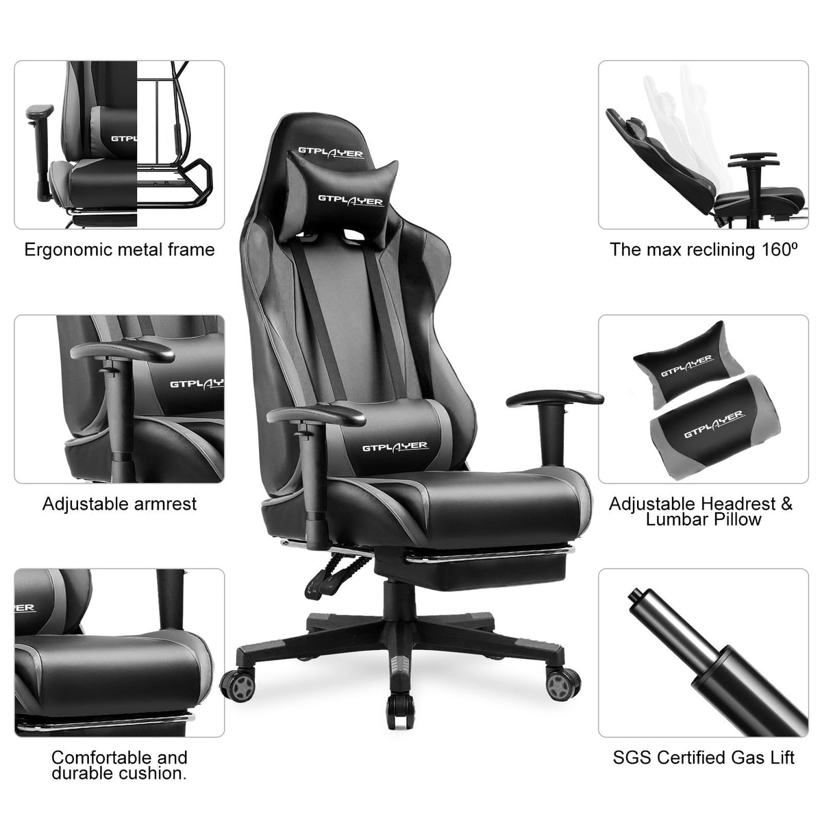 GTPLAYER Gaming Chair with Footrest, Ergonomic Computer Game Desk Chair, Reclining Gamer Chair Seat Height Adjustment, Swivel Rocker with Headrest and Lumbar (Blue)