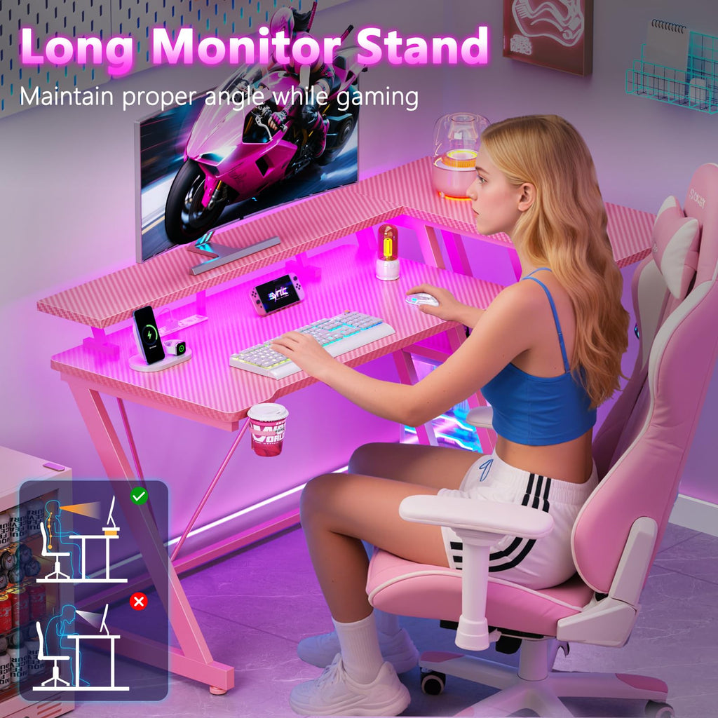 Korfile 40 Inch Gaming Desk with Power Outlet, LED, Carbon Fiber Black