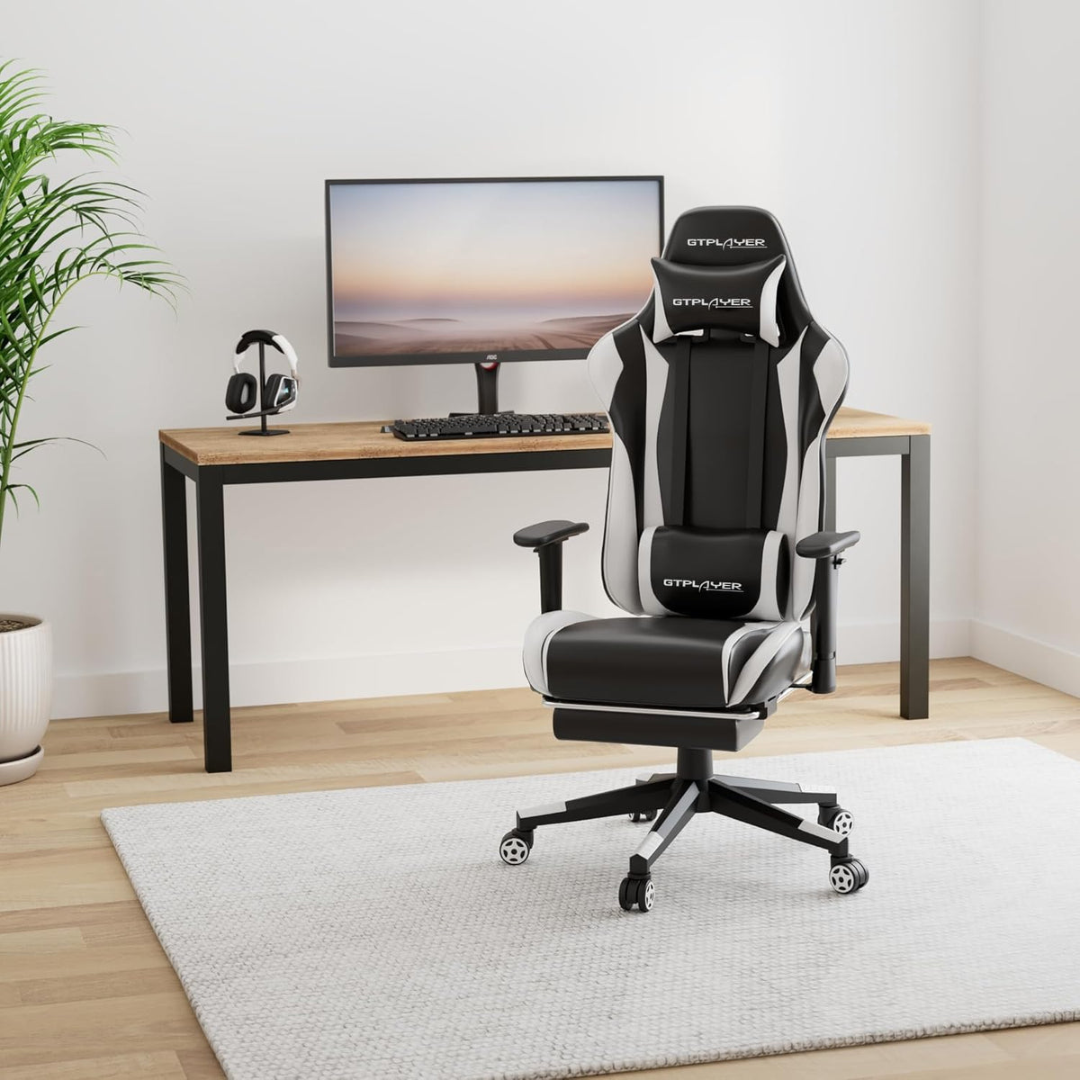 GTPLAYER Gaming Chair with Footrest, Ergonomic Computer Game Desk Chair, Reclining Gamer Chair Seat Height Adjustment, Swivel Rocker with Headrest and Lumbar (Blue)