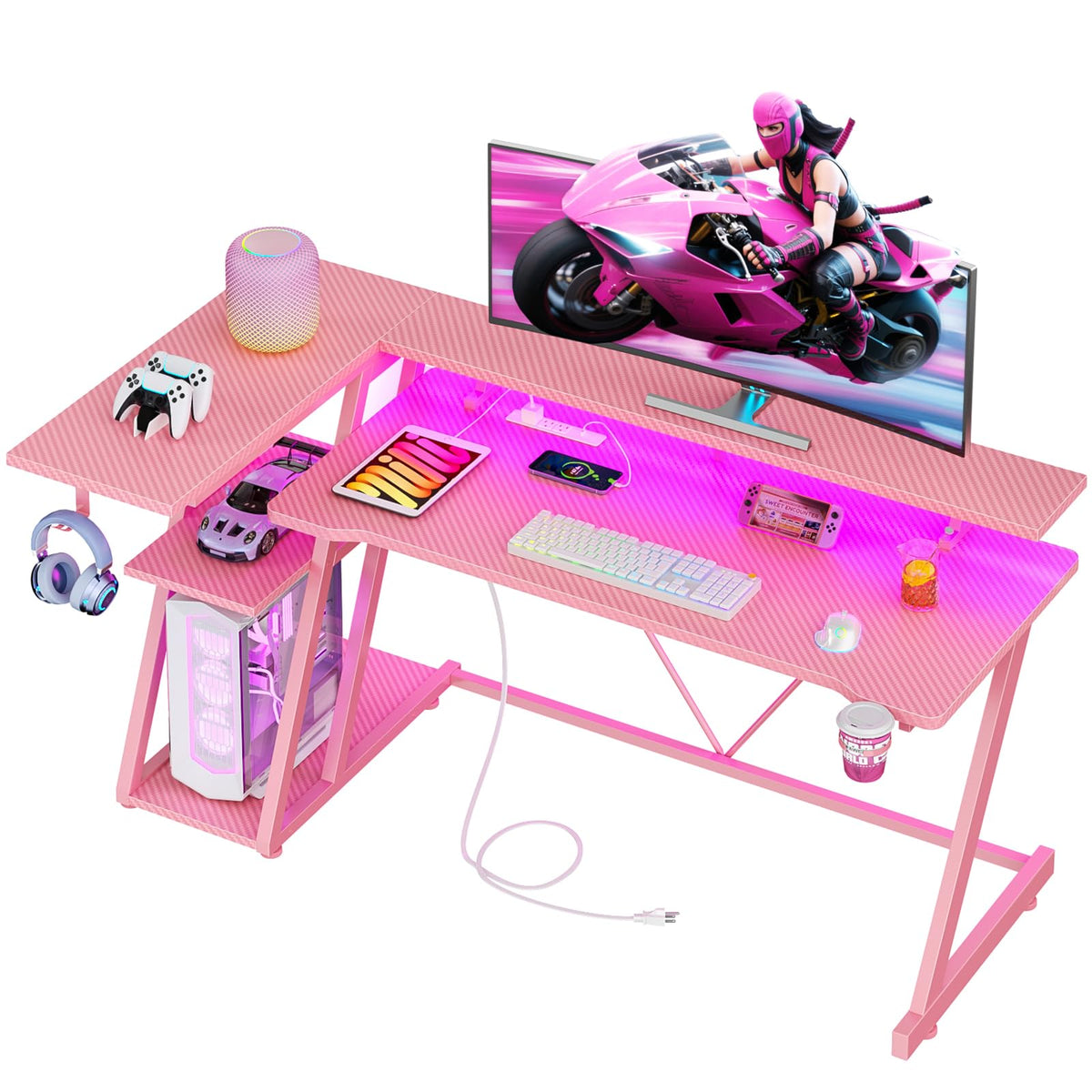 Korfile 40 Inch Gaming Desk with Power Outlet, LED, Carbon Fiber Black