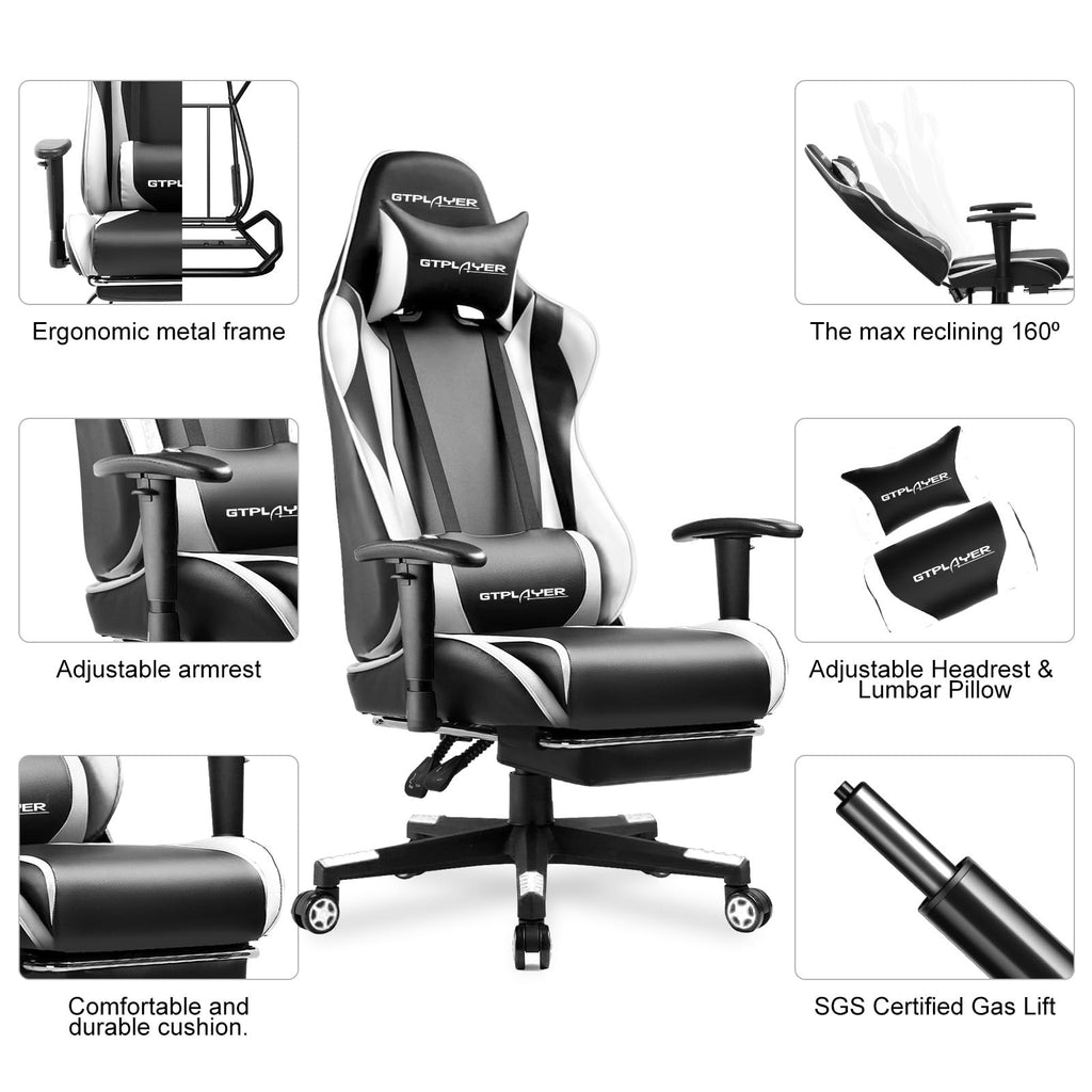 GTPLAYER Gaming Chair with Footrest, Ergonomic Computer Game Desk Chair, Reclining Gamer Chair Seat Height Adjustment, Swivel Rocker with Headrest and Lumbar (Blue)