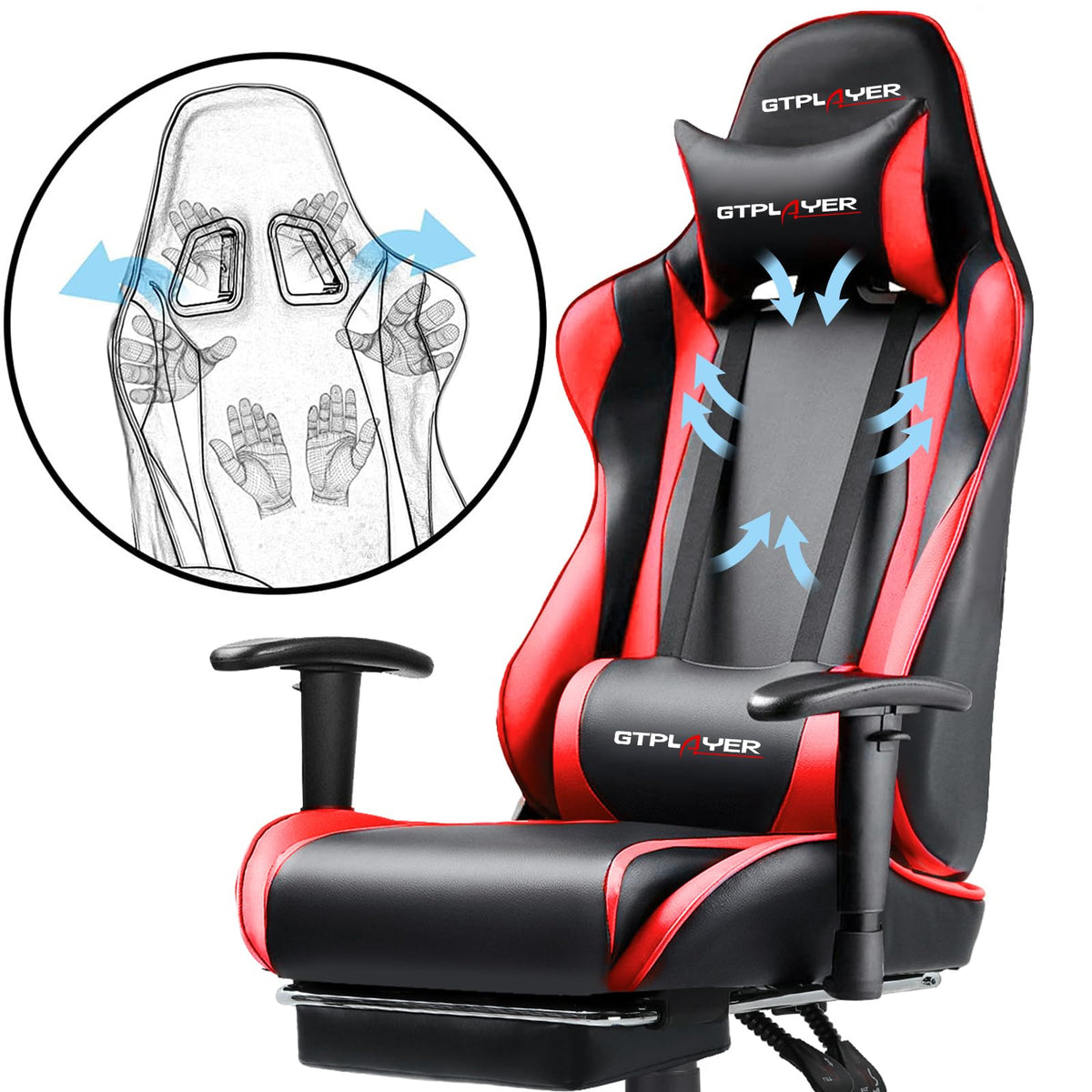 GTPLAYER Gaming Chair with Footrest, Ergonomic Computer Game Desk Chair, Reclining Gamer Chair Seat Height Adjustment, Swivel Rocker with Headrest and Lumbar (Blue)