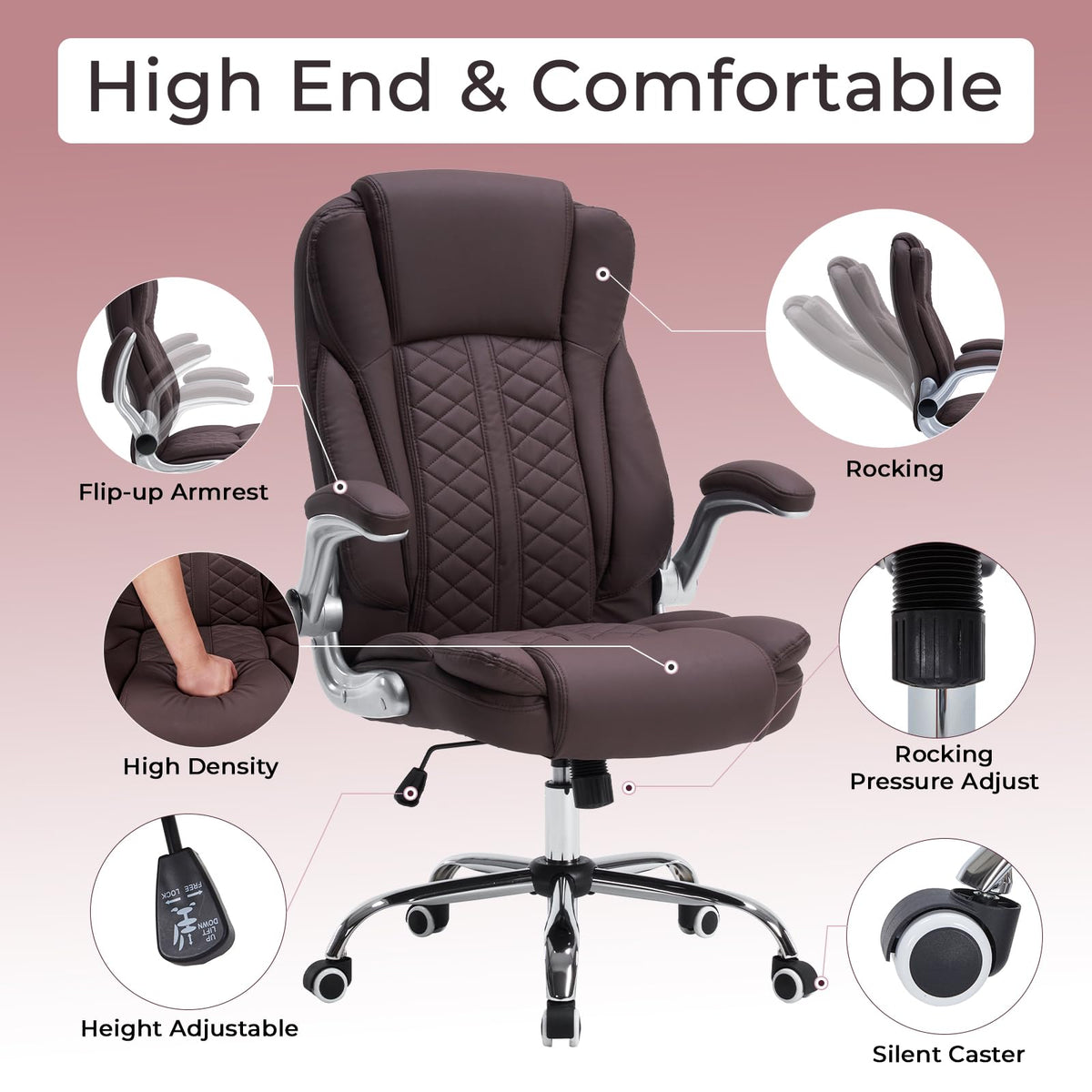 400lbs Executive Office Chair with Flip-Up Armrests, Big and Tall Computer Chair for Heavy People, Heavy Duty Ergonomic Comfy Chair, Breathable PU Leather (Pink)