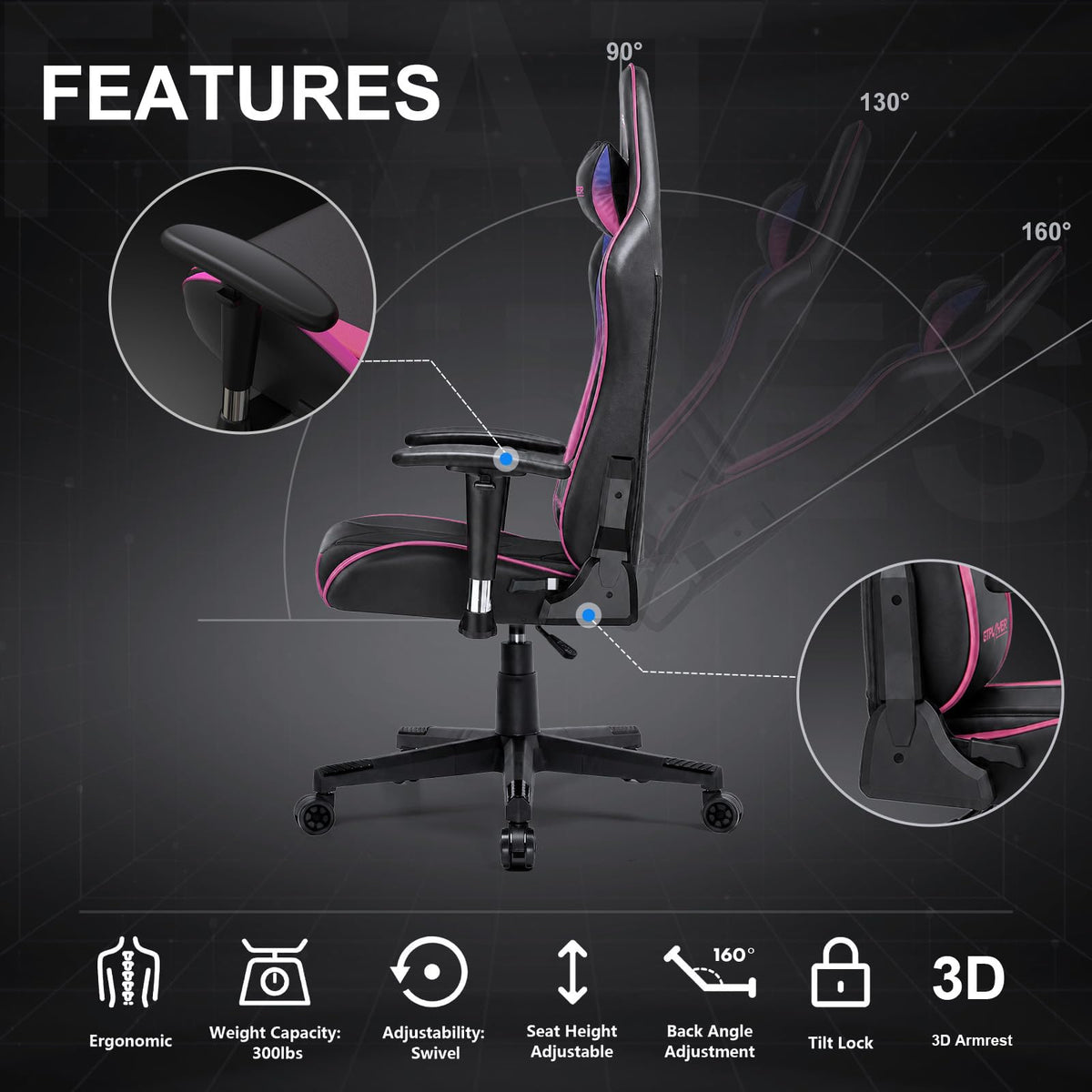 GTPLAYER Gaming Chair with Footrest, Ergonomic Computer Game Desk Chair, Reclining Gamer Chair Seat Height Adjustment, Swivel Rocker with Headrest and Lumbar (Blue)