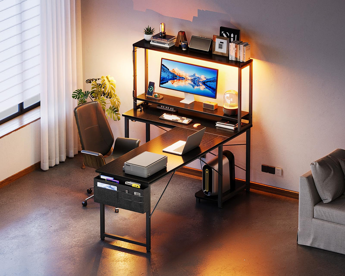 ODK 53" L Shaped Gaming Desk with Shelves, LED & Outlets, Black