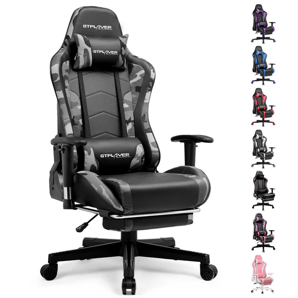 GTPLAYER Gaming Chair with Footrest, Ergonomic Computer Game Desk Chair, Reclining Gamer Chair Seat Height Adjustment, Swivel Rocker with Headrest and Lumbar (Blue)