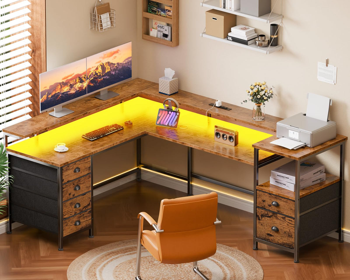 Furologee 66'' L Shaped Gaming Desk with 6 Drawers, LED, Outlets, Black