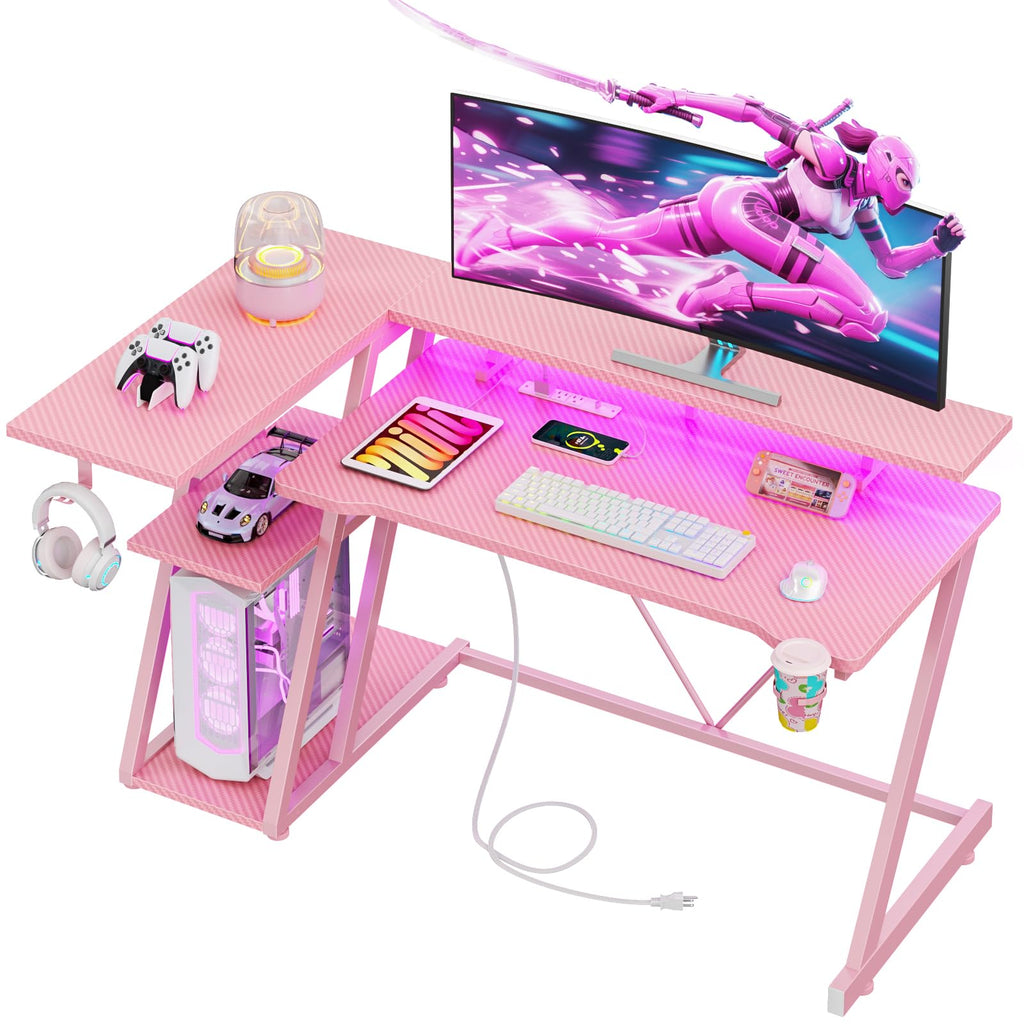 Korfile 40 Inch Gaming Desk with Power Outlet, LED, Carbon Fiber Black