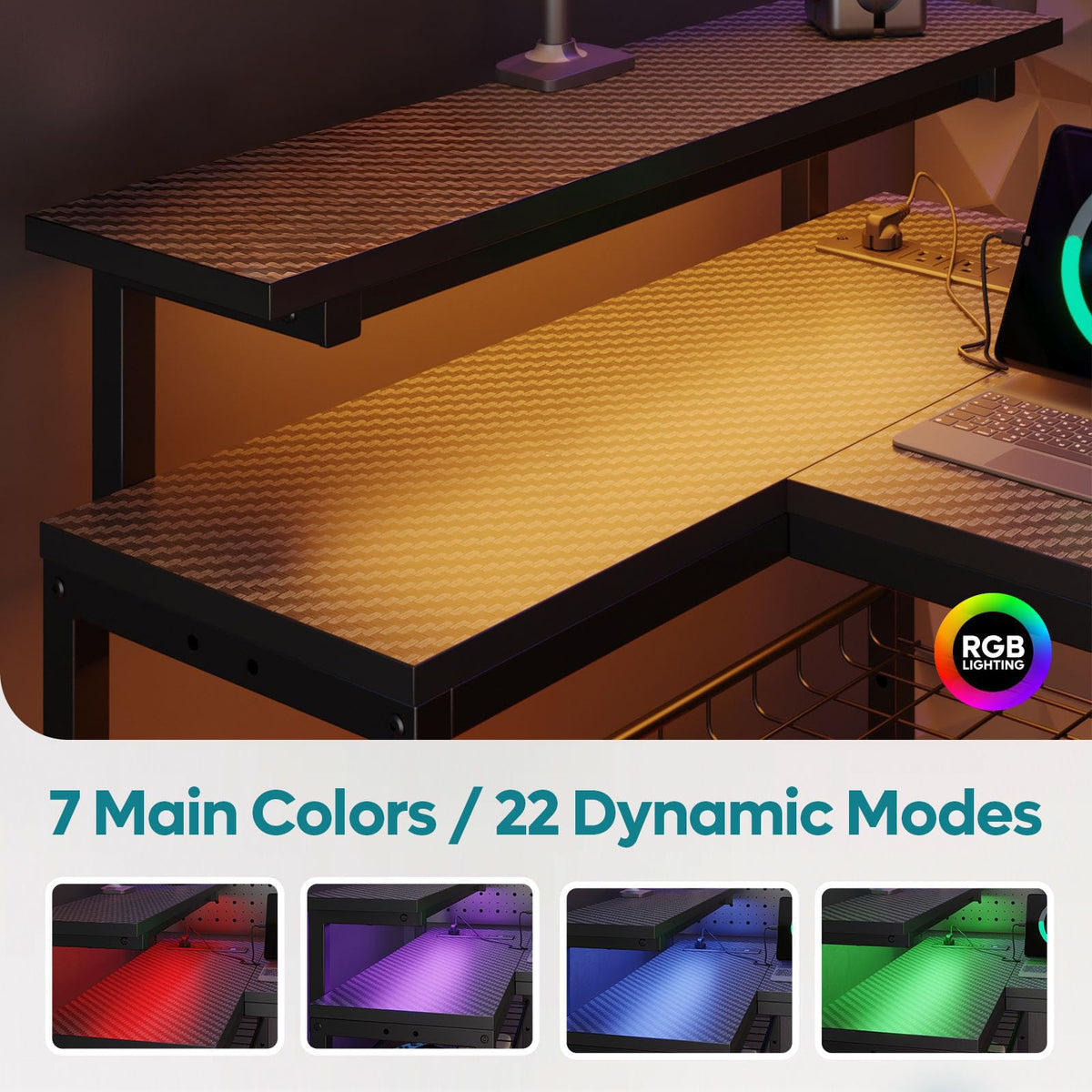Bestier 42-Inch L-Shaped Computer Desk with Charging & LED, Black