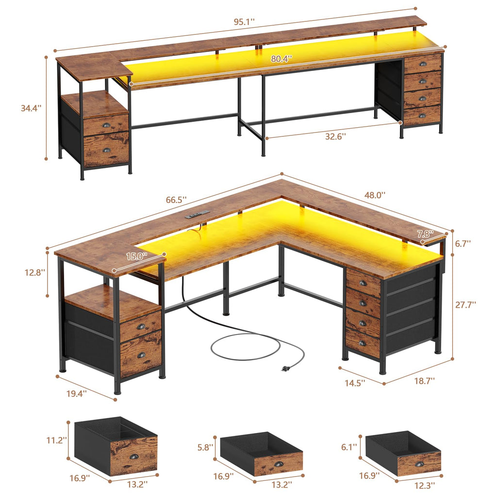 Furologee 66'' L Shaped Gaming Desk with 6 Drawers, LED, Outlets, Black