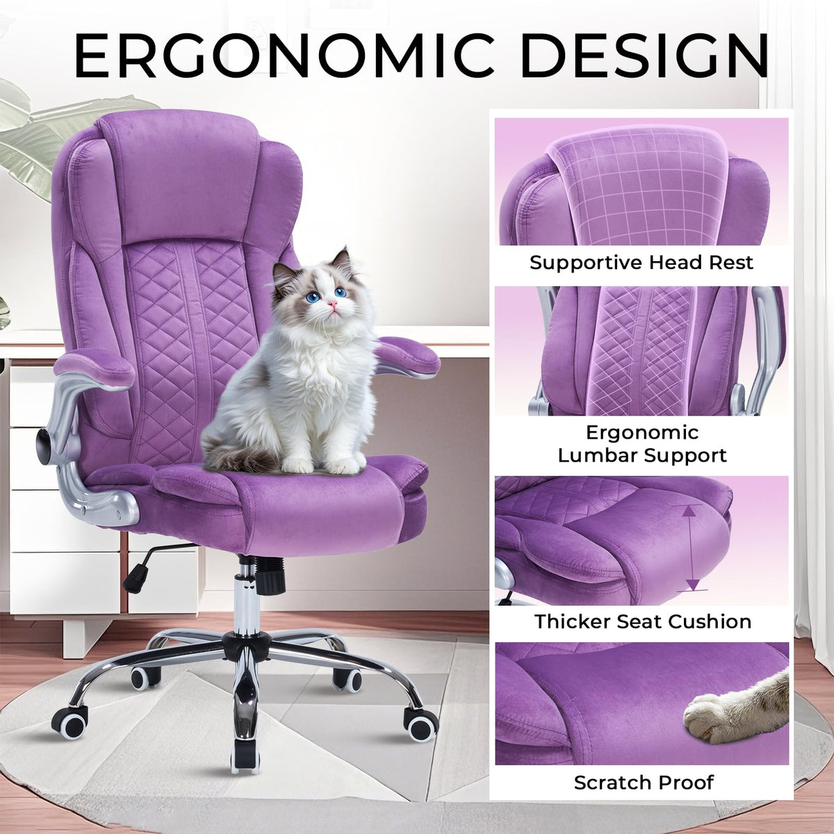 400lbs Executive Office Chair with Flip-Up Armrests, Big and Tall Computer Chair for Heavy People, Heavy Duty Ergonomic Comfy Chair, Breathable PU Leather (Pink)