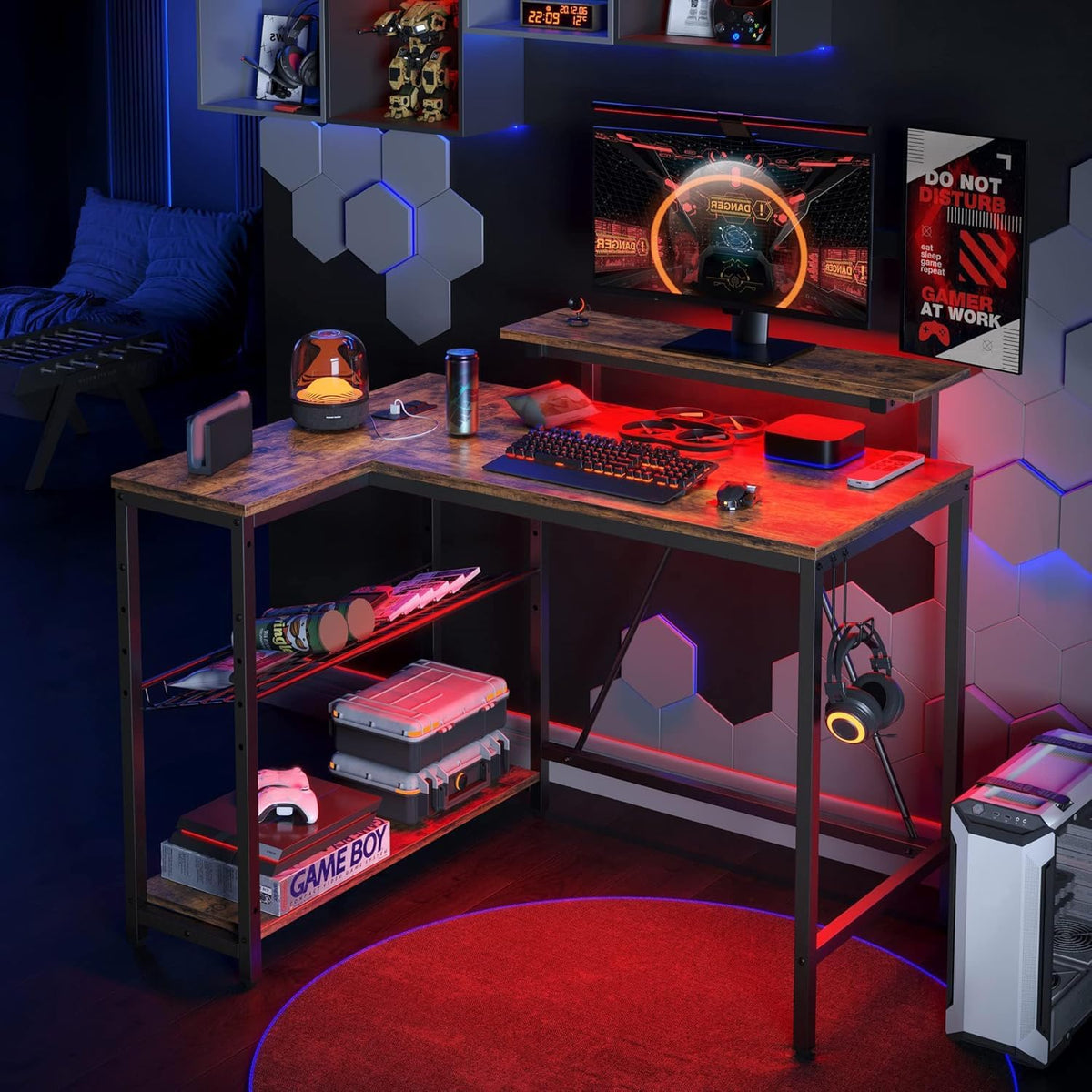 Bestier 42-Inch L-Shaped Computer Desk with Charging & LED, Black