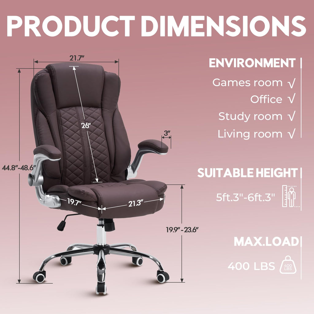 400lbs Executive Office Chair with Flip-Up Armrests, Big and Tall Computer Chair for Heavy People, Heavy Duty Ergonomic Comfy Chair, Breathable PU Leather (Pink)