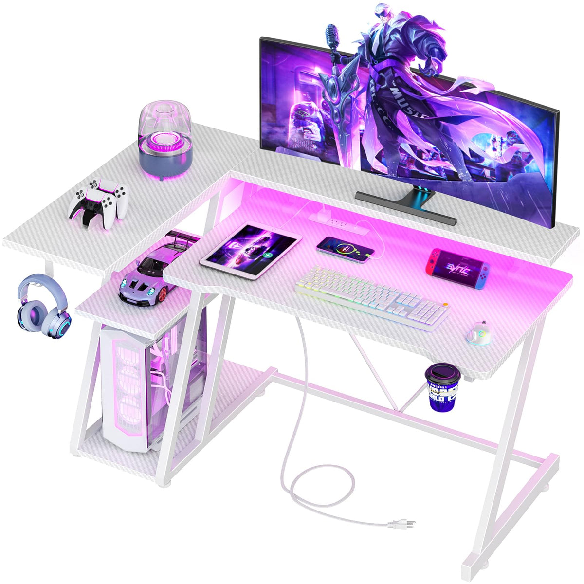 Korfile 40 Inch Gaming Desk with Power Outlet, LED, Carbon Fiber Black