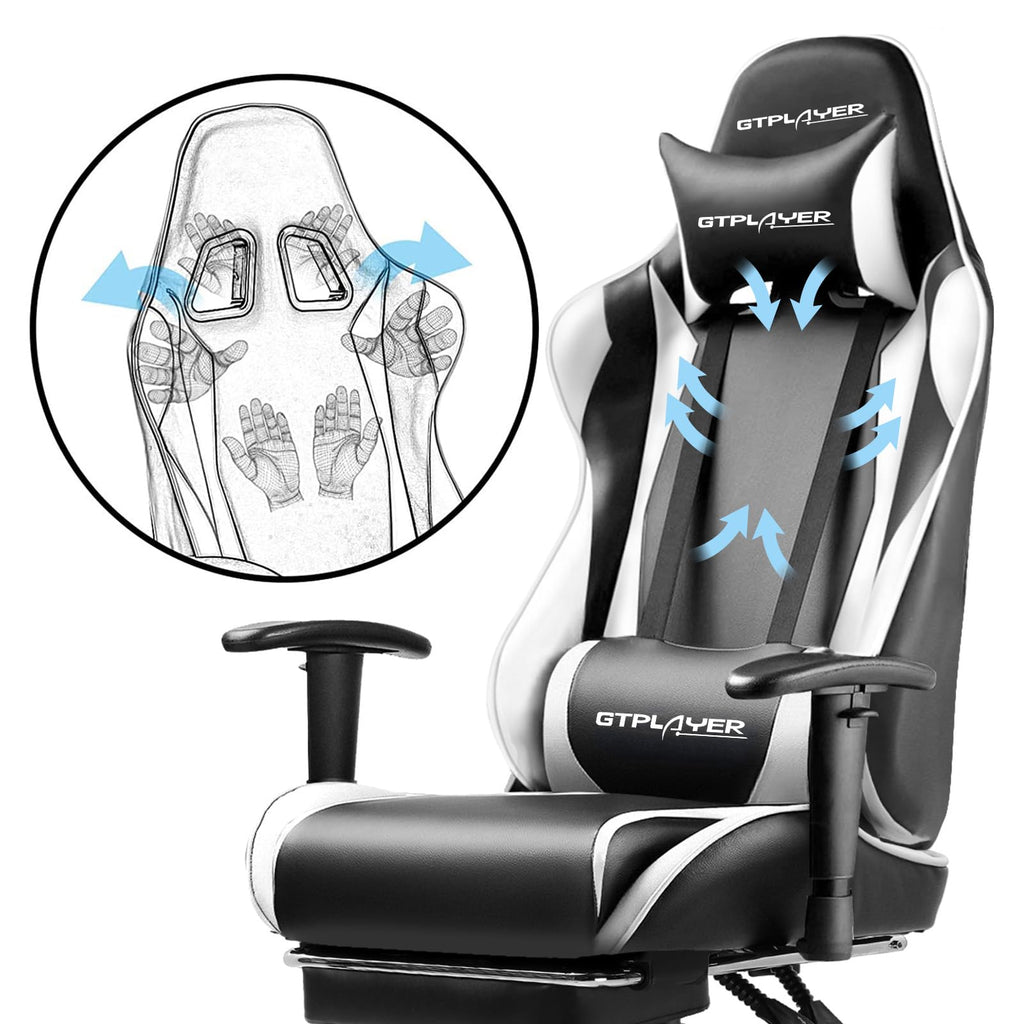 GTPLAYER Gaming Chair with Footrest, Ergonomic Computer Game Desk Chair, Reclining Gamer Chair Seat Height Adjustment, Swivel Rocker with Headrest and Lumbar (Blue)