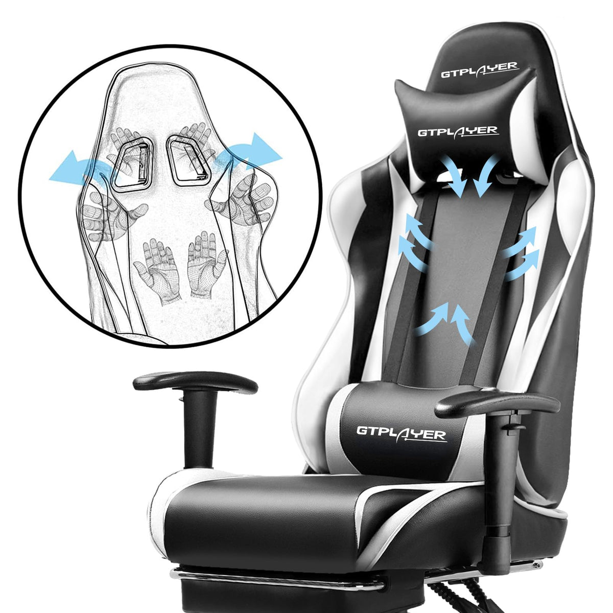 GTPLAYER Gaming Chair with Footrest, Ergonomic Computer Game Desk Chair, Reclining Gamer Chair Seat Height Adjustment, Swivel Rocker with Headrest and Lumbar (Blue)