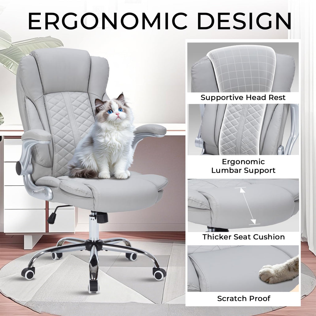 400lbs Executive Office Chair with Flip-Up Armrests, Big and Tall Computer Chair for Heavy People, Heavy Duty Ergonomic Comfy Chair, Breathable PU Leather (Pink)