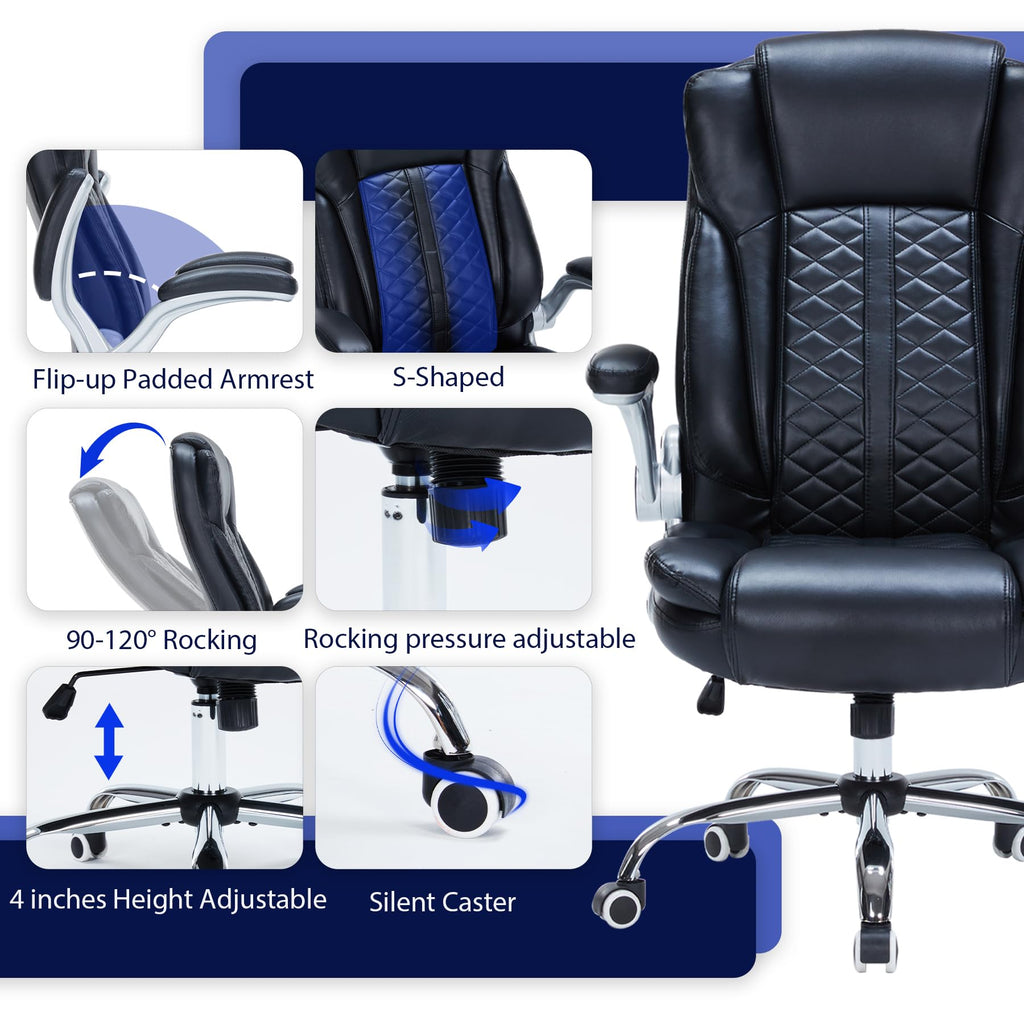 400lbs Executive Office Chair with Flip-Up Armrests, Big and Tall Computer Chair for Heavy People, Heavy Duty Ergonomic Comfy Chair, Breathable PU Leather (Pink)