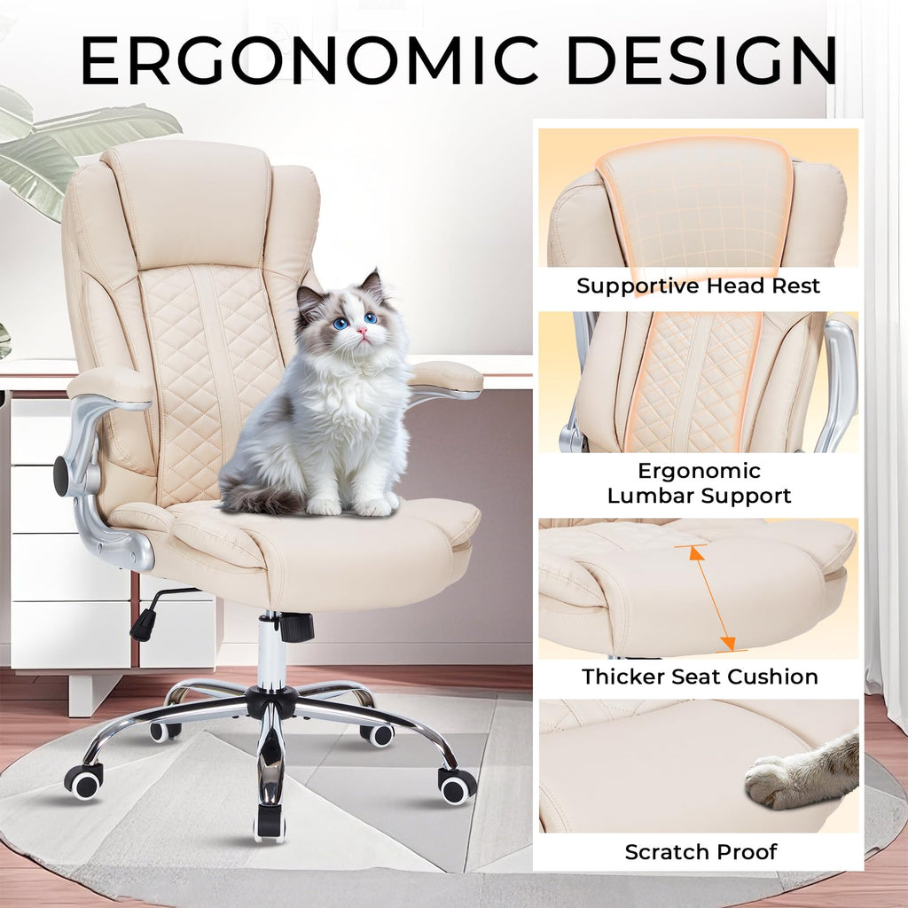 400lbs Executive Office Chair with Flip-Up Armrests, Big and Tall Computer Chair for Heavy People, Heavy Duty Ergonomic Comfy Chair, Breathable PU Leather (Pink)