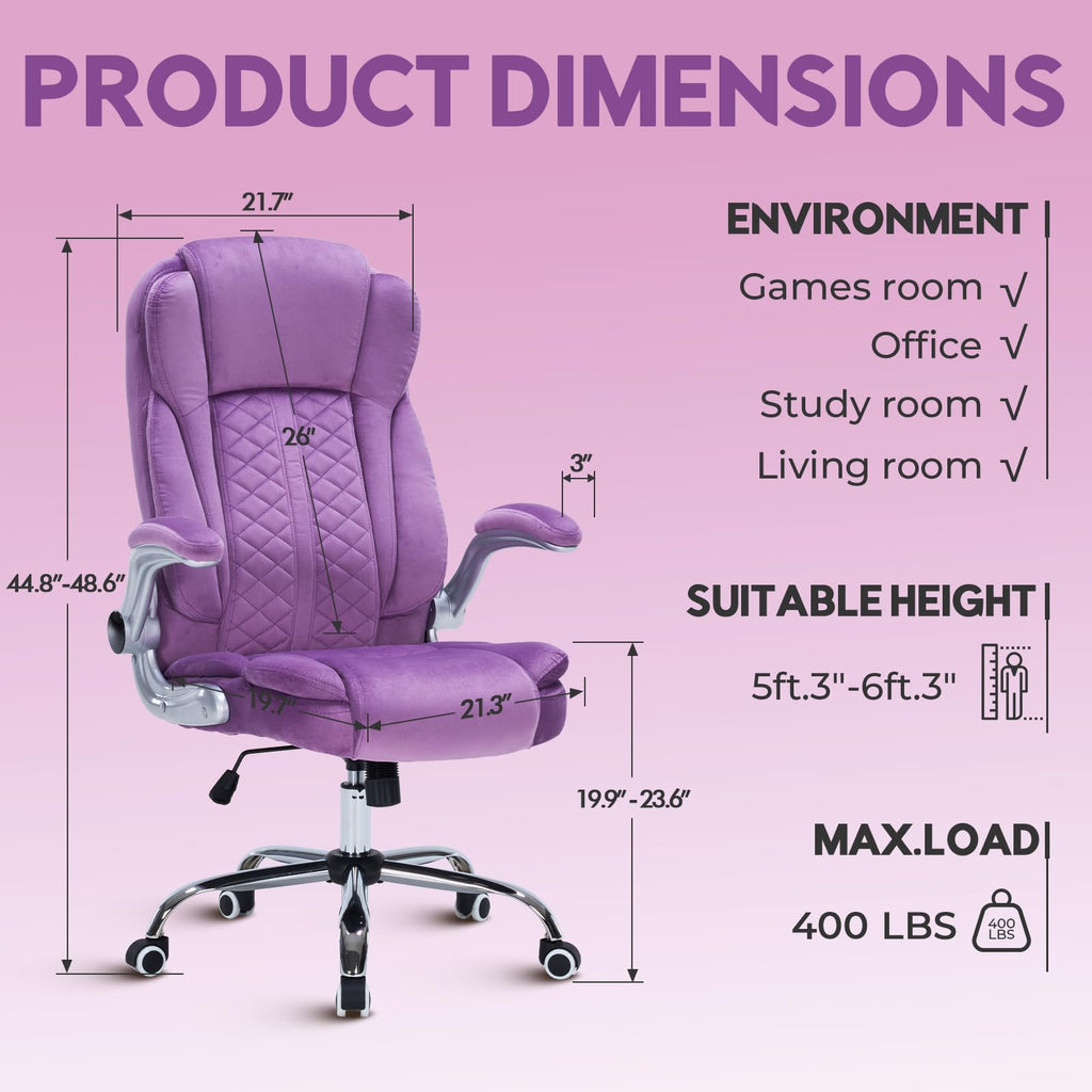 400lbs Executive Office Chair with Flip-Up Armrests, Big and Tall Computer Chair for Heavy People, Heavy Duty Ergonomic Comfy Chair, Breathable PU Leather (Pink)