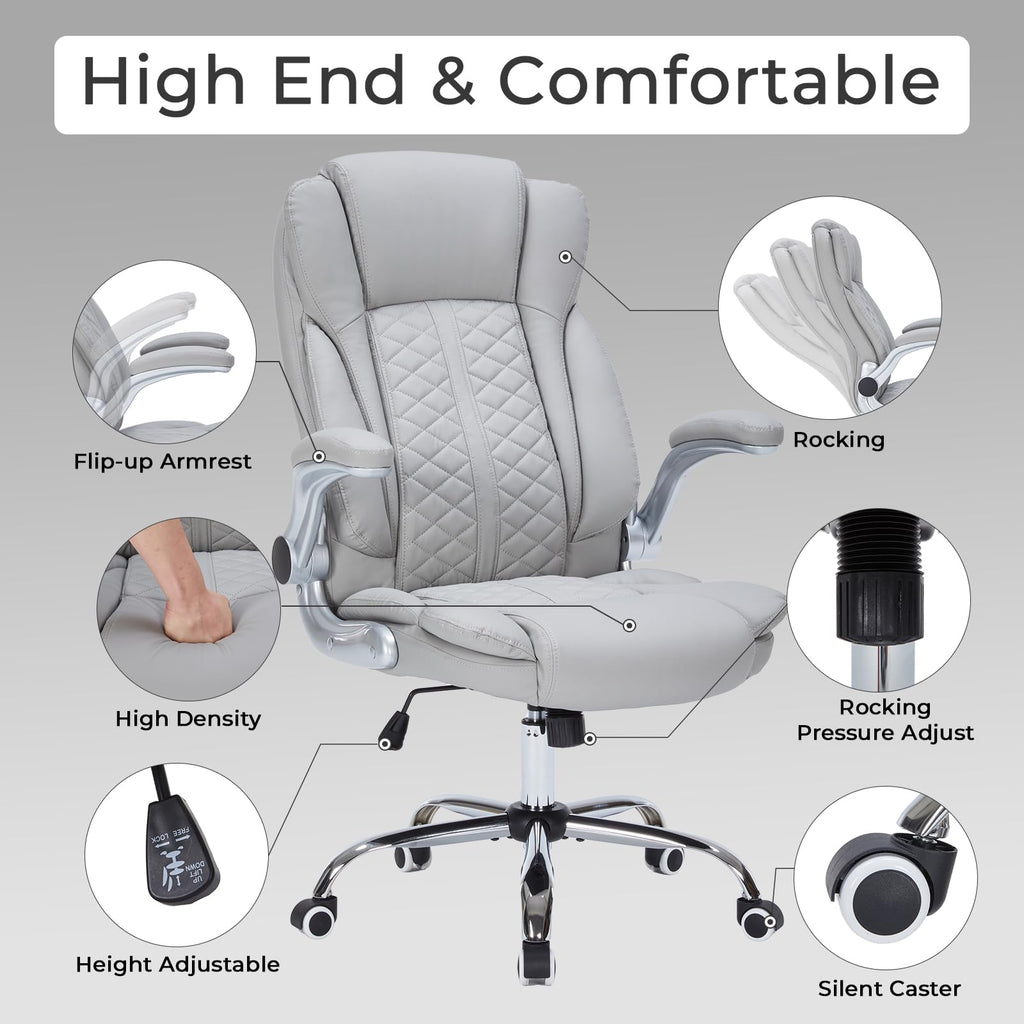 400lbs Executive Office Chair with Flip-Up Armrests, Big and Tall Computer Chair for Heavy People, Heavy Duty Ergonomic Comfy Chair, Breathable PU Leather (Pink)