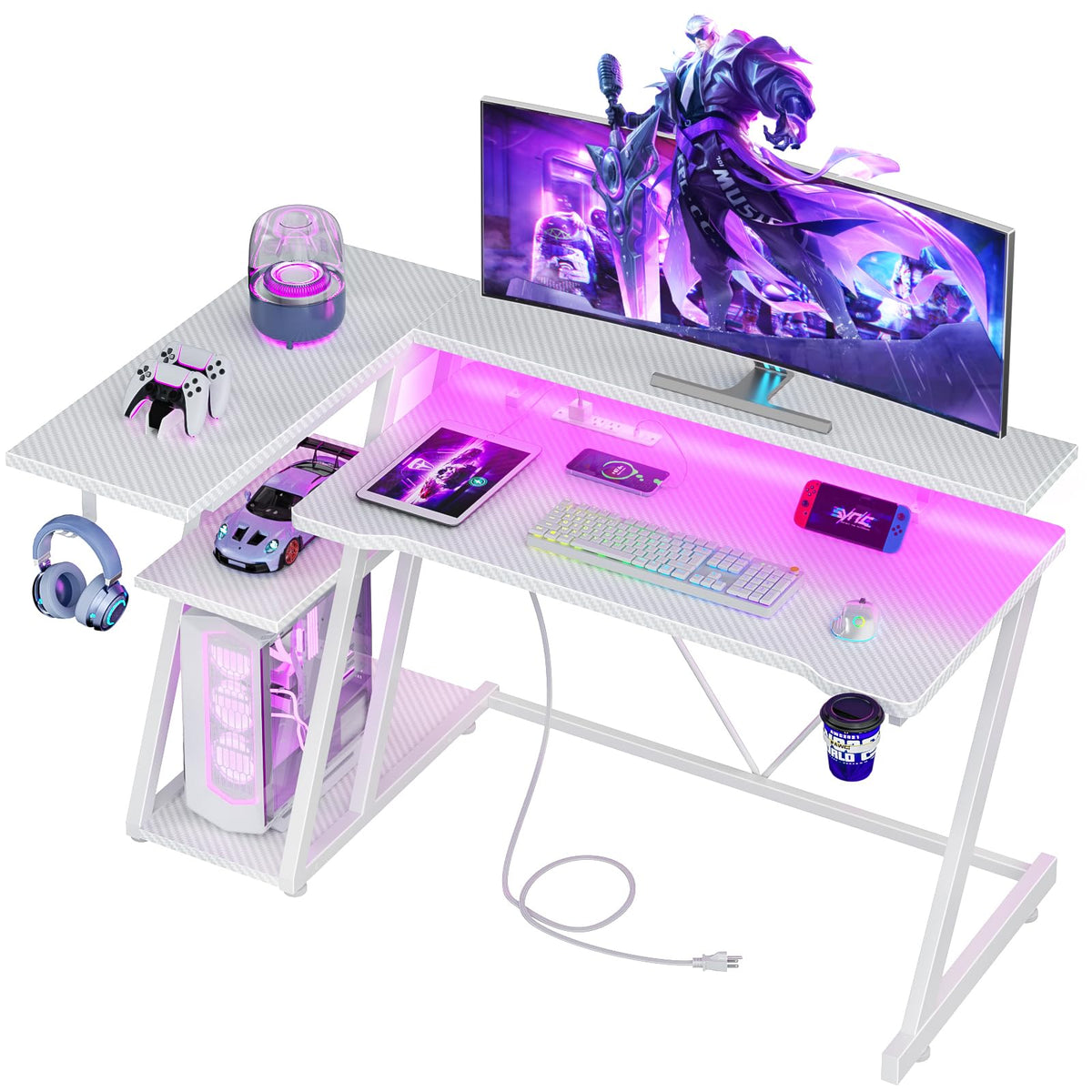 Korfile 40 Inch Gaming Desk with Power Outlet, LED, Carbon Fiber Black