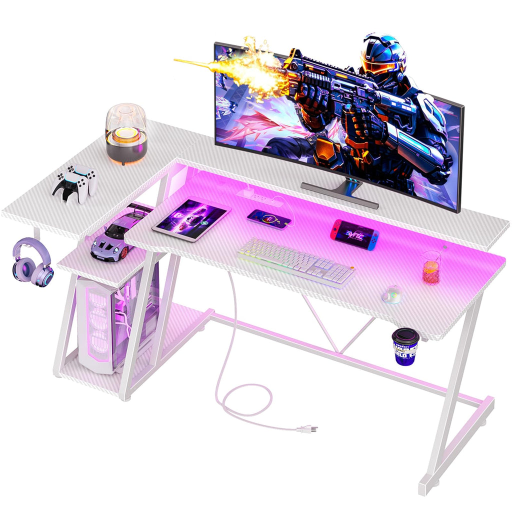 Korfile 40 Inch Gaming Desk with Power Outlet, LED, Carbon Fiber Black