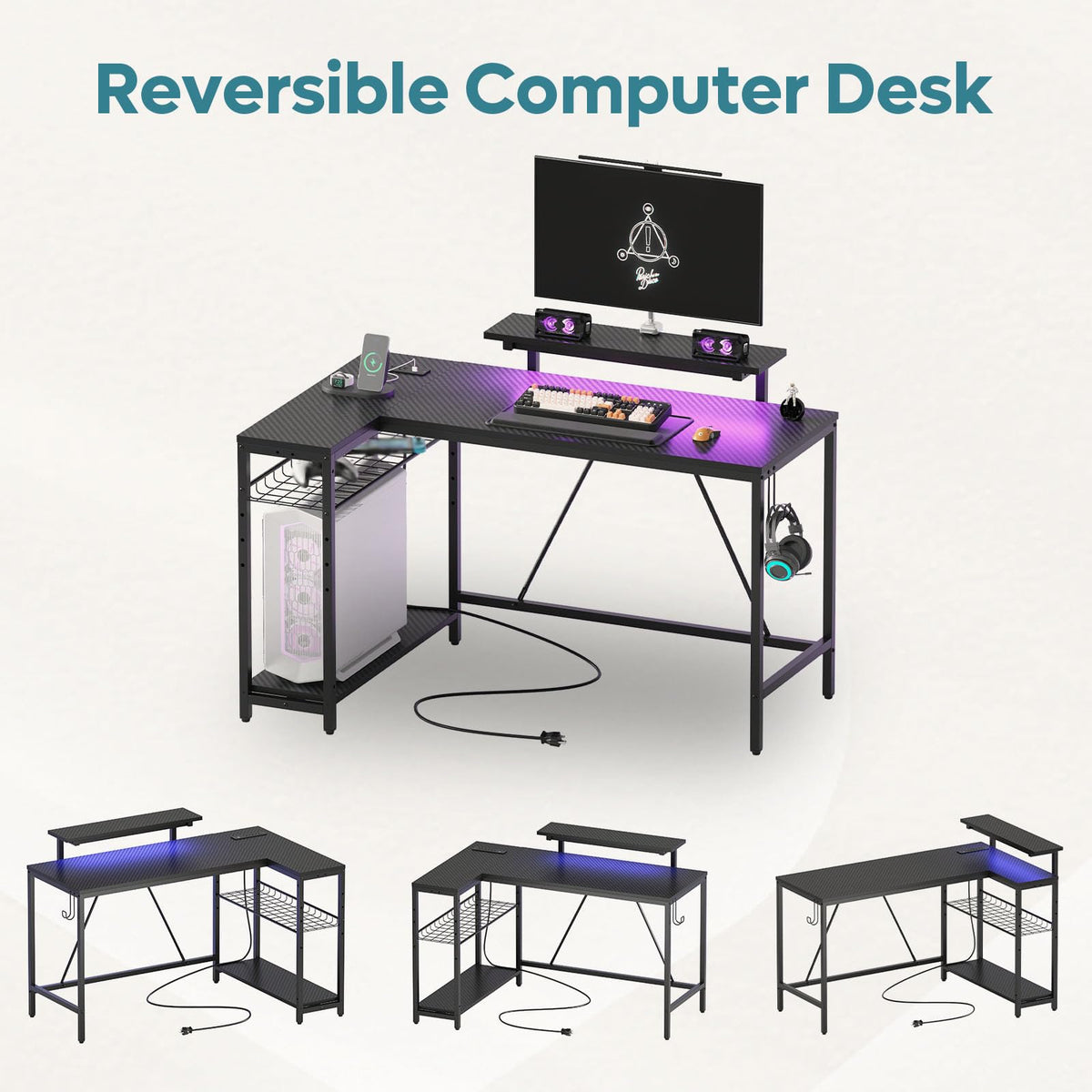Bestier 42-Inch L-Shaped Computer Desk with Charging & LED, Black