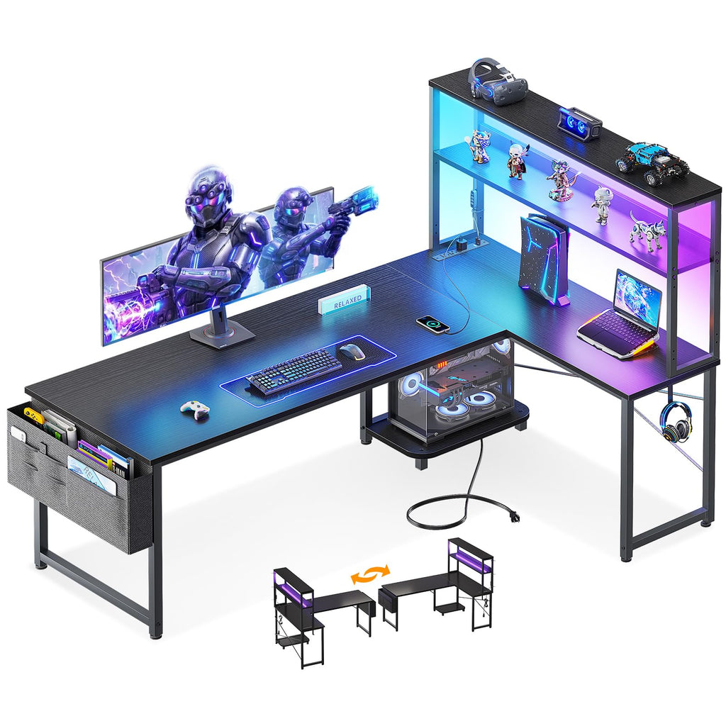 ODK 53" L Shaped Gaming Desk with Shelves, LED & Outlets, Black