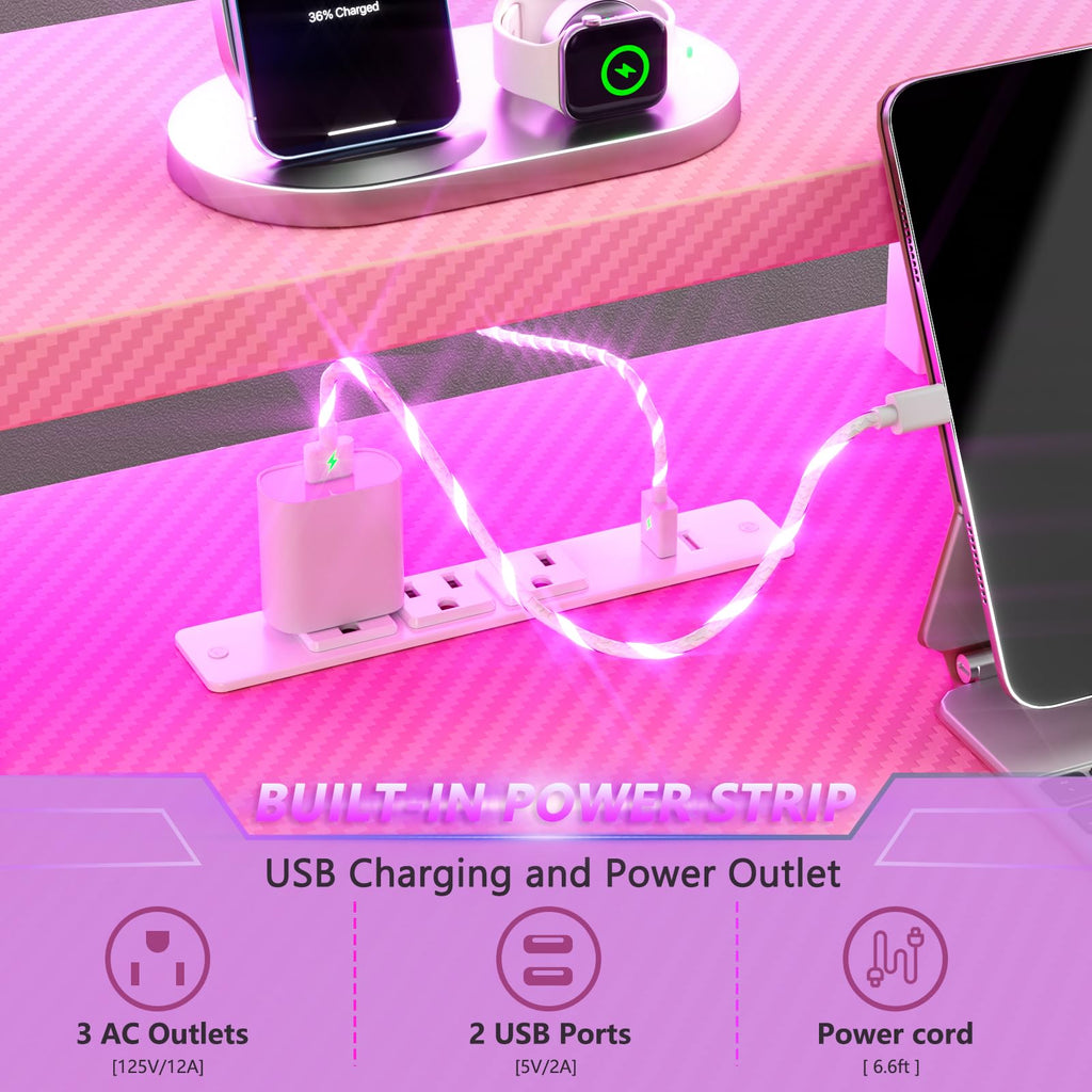 Korfile 40 Inch Gaming Desk with Power Outlet, LED, Carbon Fiber Black