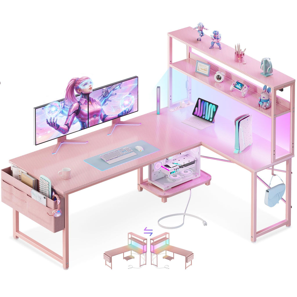 ODK 53" L Shaped Gaming Desk with Shelves, LED & Outlets, Black