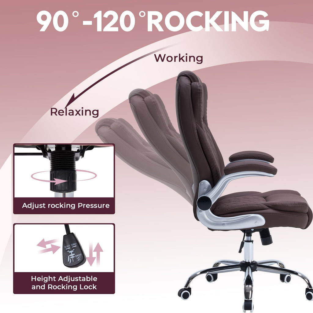 400lbs Executive Office Chair with Flip-Up Armrests, Big and Tall Computer Chair for Heavy People, Heavy Duty Ergonomic Comfy Chair, Breathable PU Leather (Pink)
