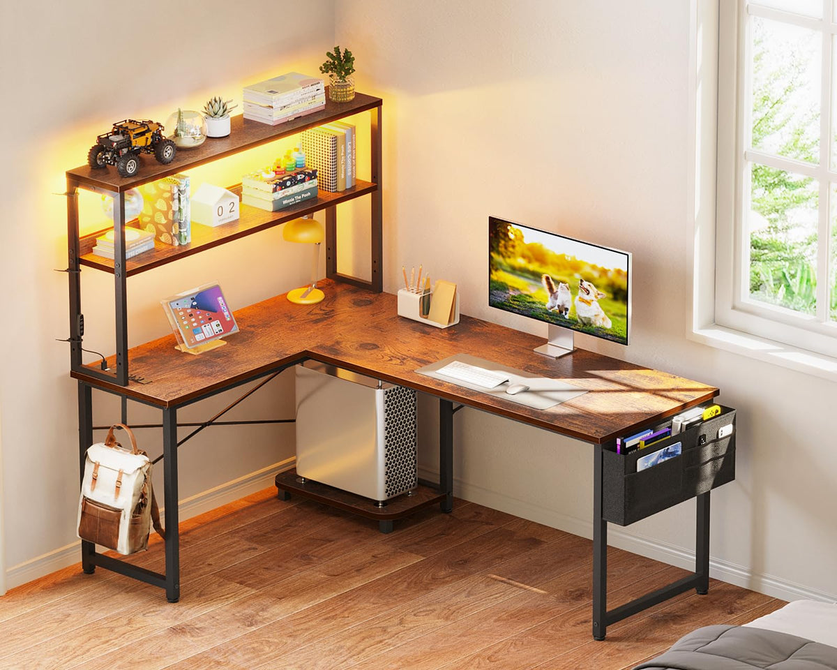 ODK 53" L Shaped Gaming Desk with Shelves, LED & Outlets, Black