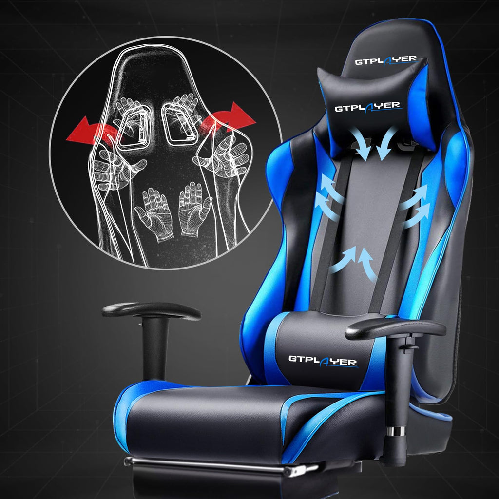 GTPLAYER Gaming Chair with Footrest, Ergonomic Computer Game Desk Chair, Reclining Gamer Chair Seat Height Adjustment, Swivel Rocker with Headrest and Lumbar (Blue)