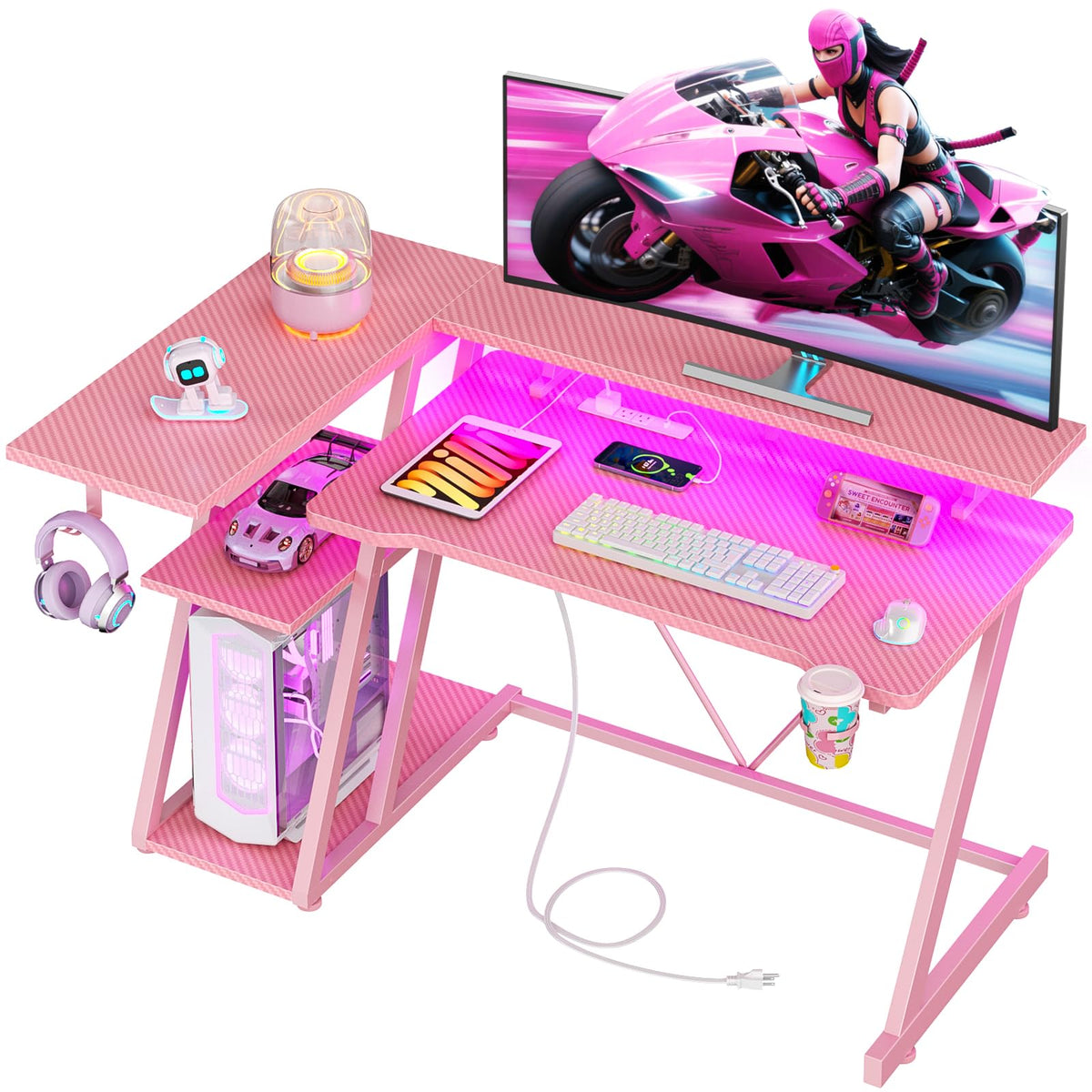 Korfile 40 Inch Gaming Desk with Power Outlet, LED, Carbon Fiber Black