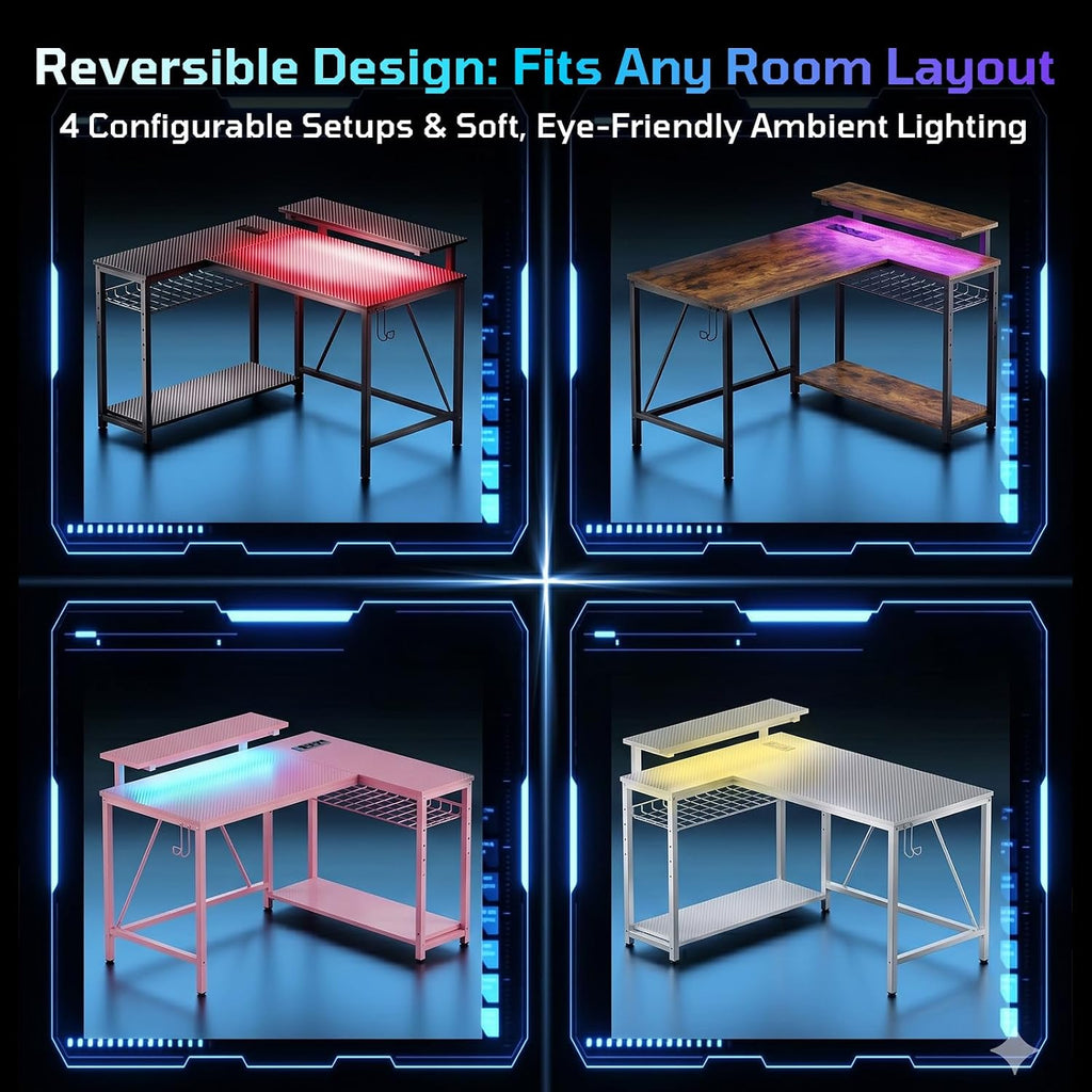 Bestier 42-Inch L-Shaped Computer Desk with Charging & LED, Black