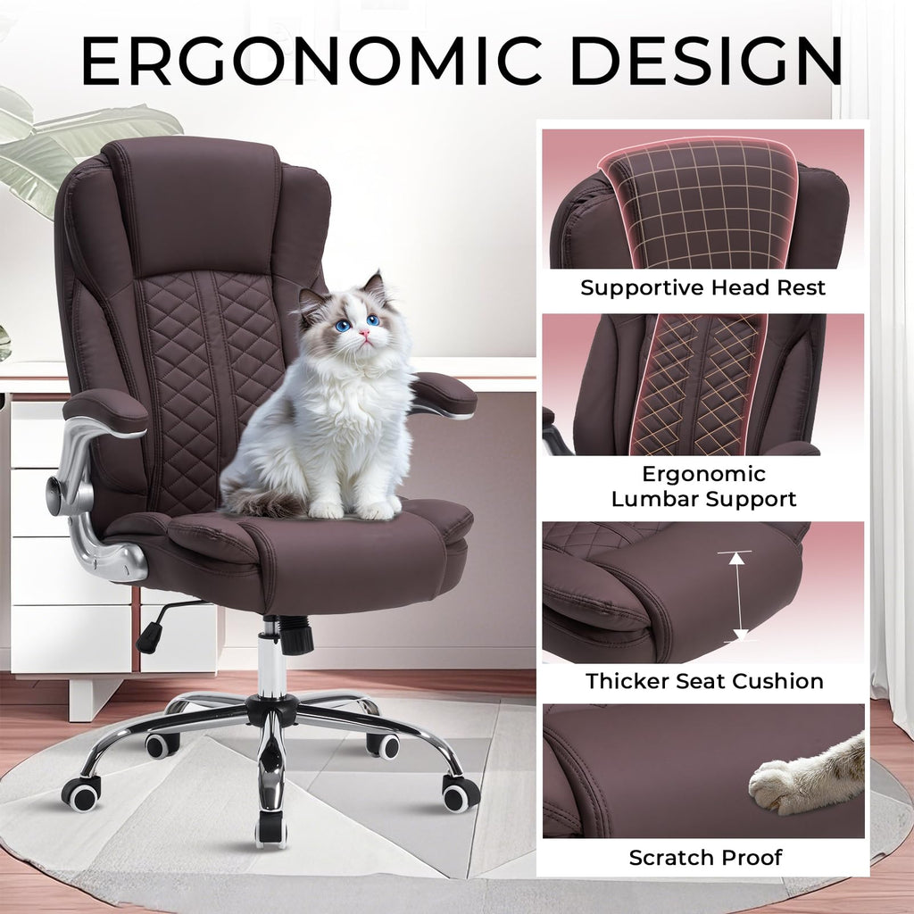 400lbs Executive Office Chair with Flip-Up Armrests, Big and Tall Computer Chair for Heavy People, Heavy Duty Ergonomic Comfy Chair, Breathable PU Leather (Pink)