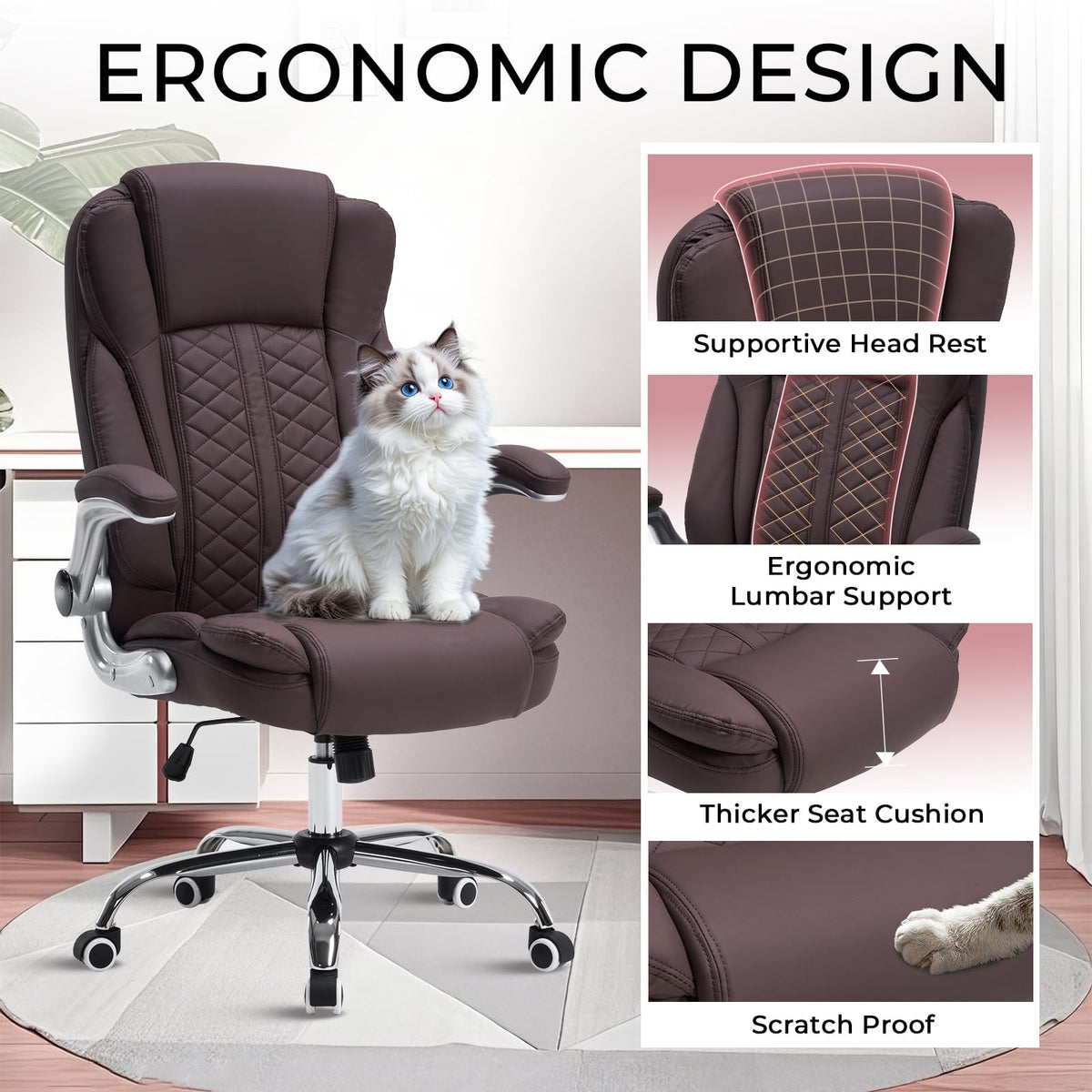 400lbs Executive Office Chair with Flip-Up Armrests, Big and Tall Computer Chair for Heavy People, Heavy Duty Ergonomic Comfy Chair, Breathable PU Leather (Pink)
