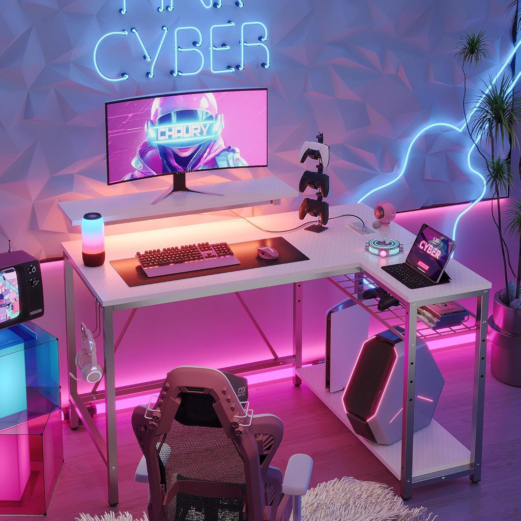 Bestier 42-Inch L-Shaped Computer Desk with Charging & LED, Black