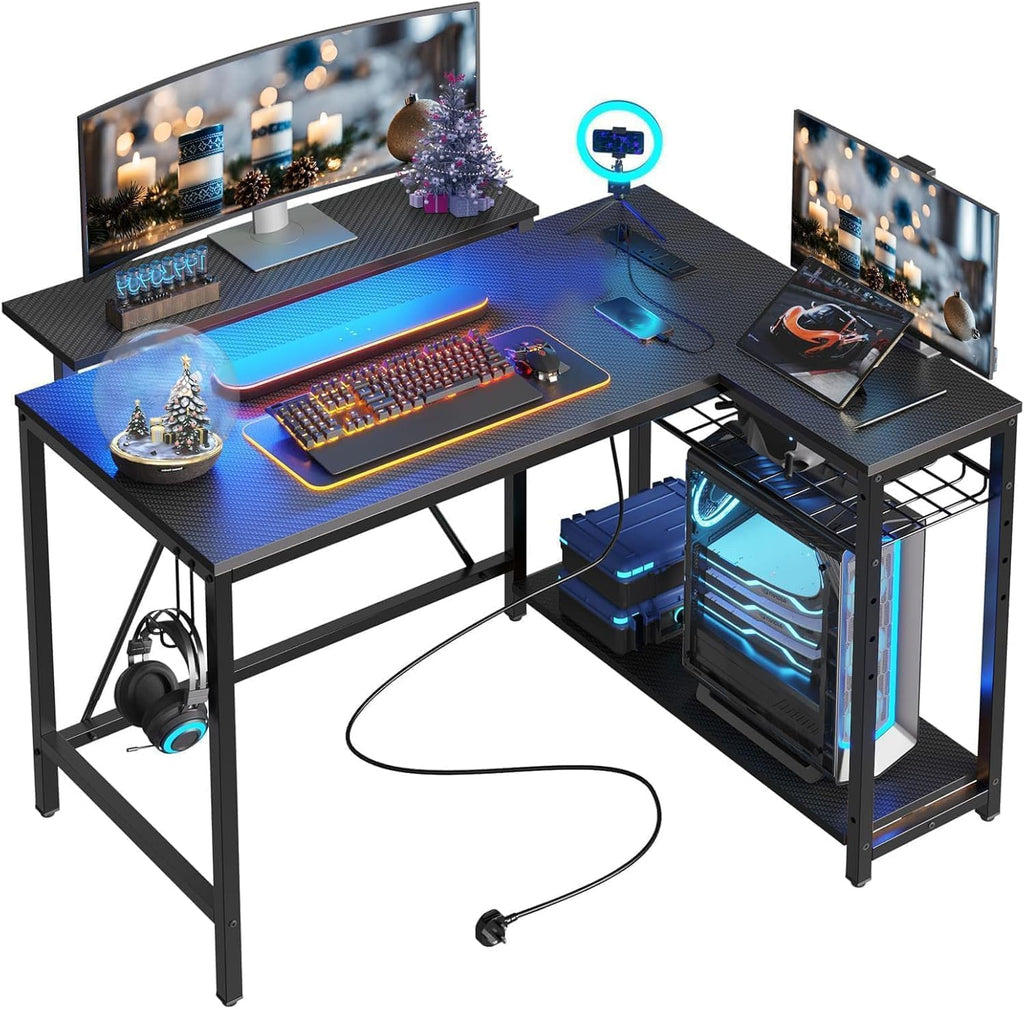 Bestier 42-Inch L-Shaped Computer Desk with Charging & LED, Black