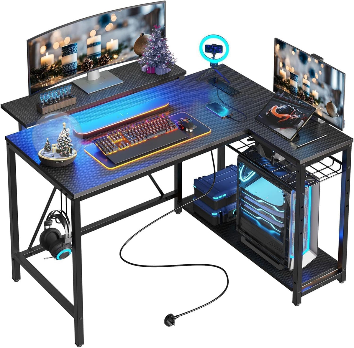 Bestier 42-Inch L-Shaped Computer Desk with Charging & LED, Black