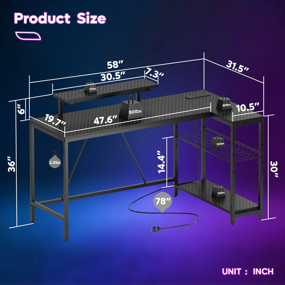 Bestier 42-Inch L-Shaped Computer Desk with Charging & LED, Black