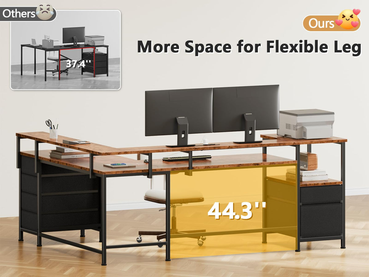 Furologee 66'' L Shaped Gaming Desk with 6 Drawers, LED, Outlets, Black