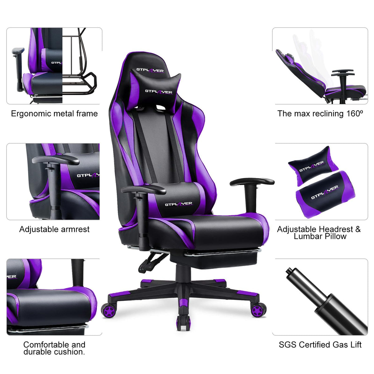 GTPLAYER Gaming Chair with Footrest, Ergonomic Computer Game Desk Chair, Reclining Gamer Chair Seat Height Adjustment, Swivel Rocker with Headrest and Lumbar (Blue)