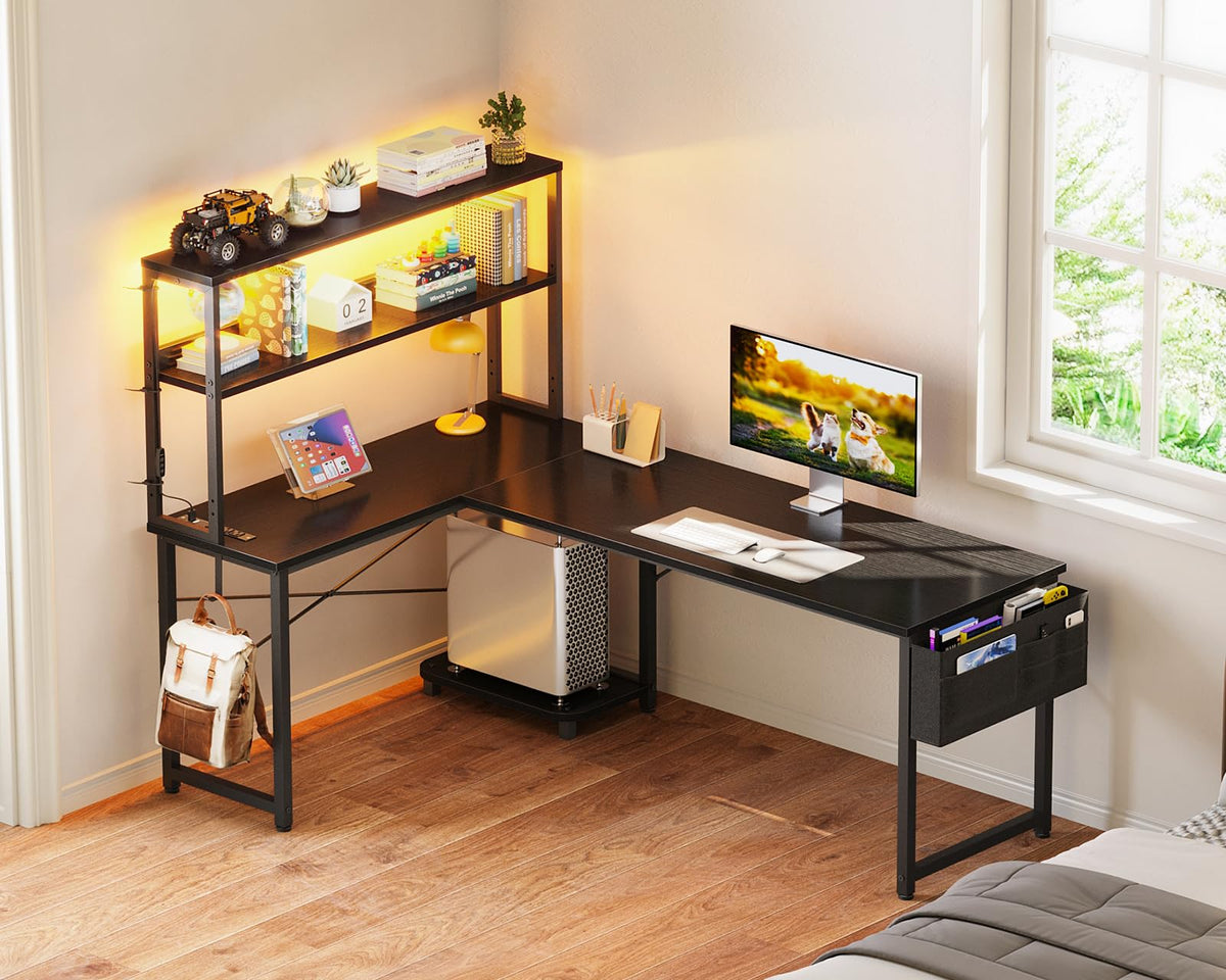 ODK 53" L Shaped Gaming Desk with Shelves, LED & Outlets, Black