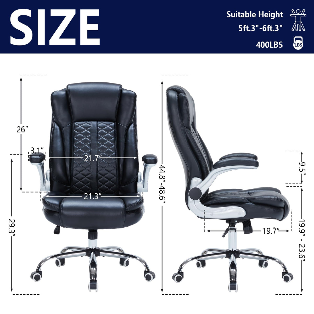 400lbs Executive Office Chair with Flip-Up Armrests, Big and Tall Computer Chair for Heavy People, Heavy Duty Ergonomic Comfy Chair, Breathable PU Leather (Pink)