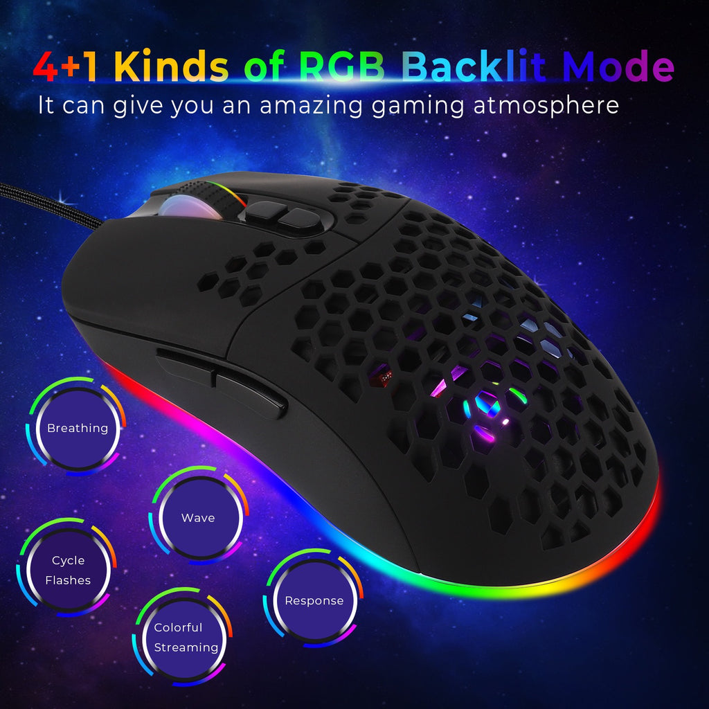 Cave USB-C RGB Wired Gaming Mouse — Macro Programming & 6-Key Layout