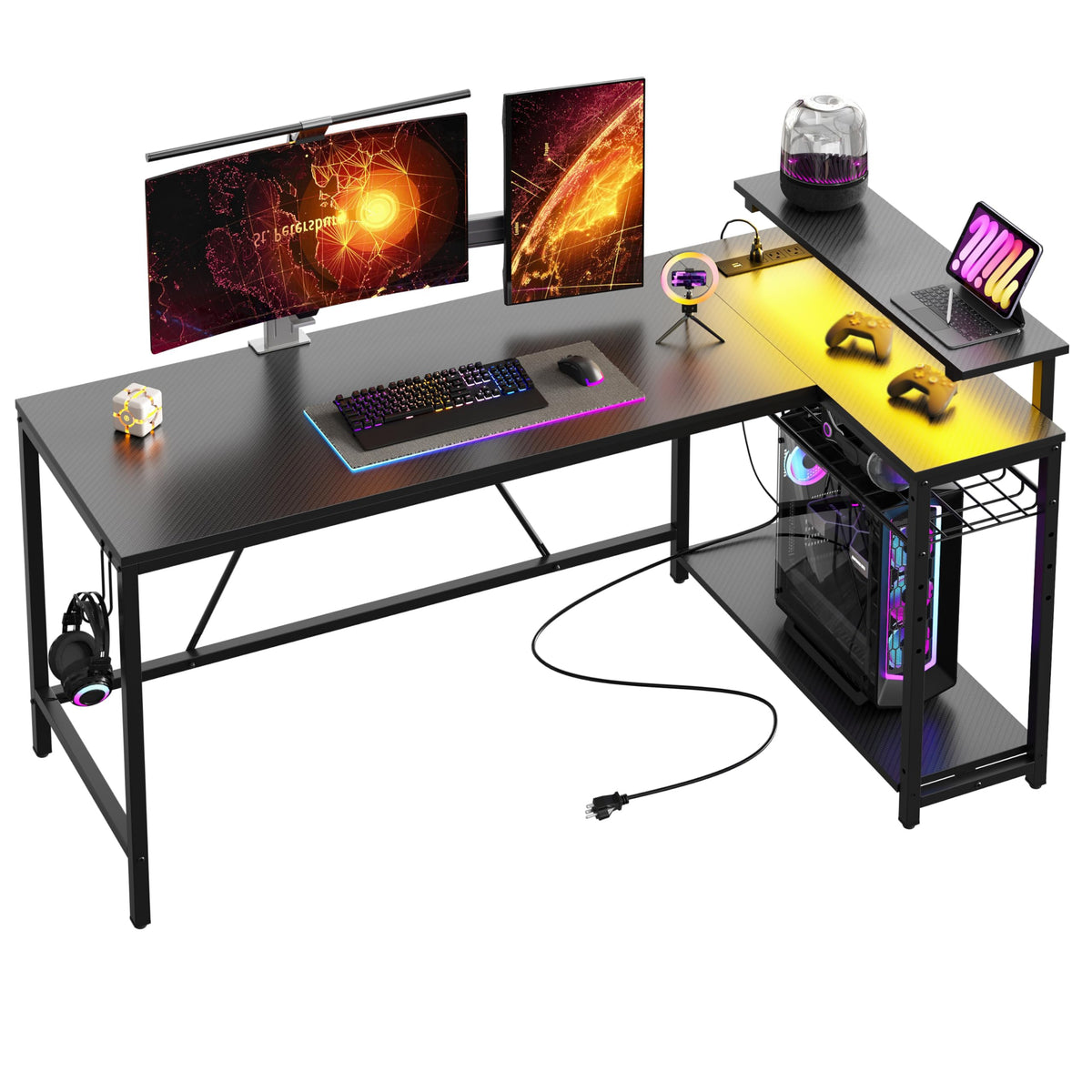 Bestier 42-Inch L-Shaped Computer Desk with Charging & LED, Black