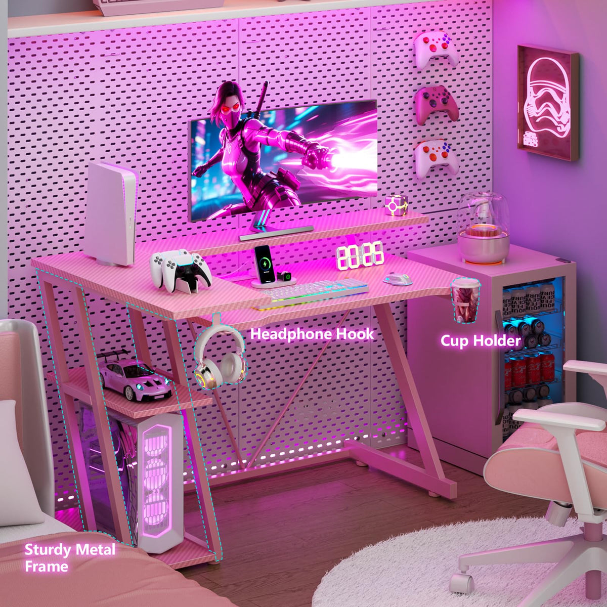 Korfile 40 Inch Gaming Desk with Power Outlet, LED, Carbon Fiber Black